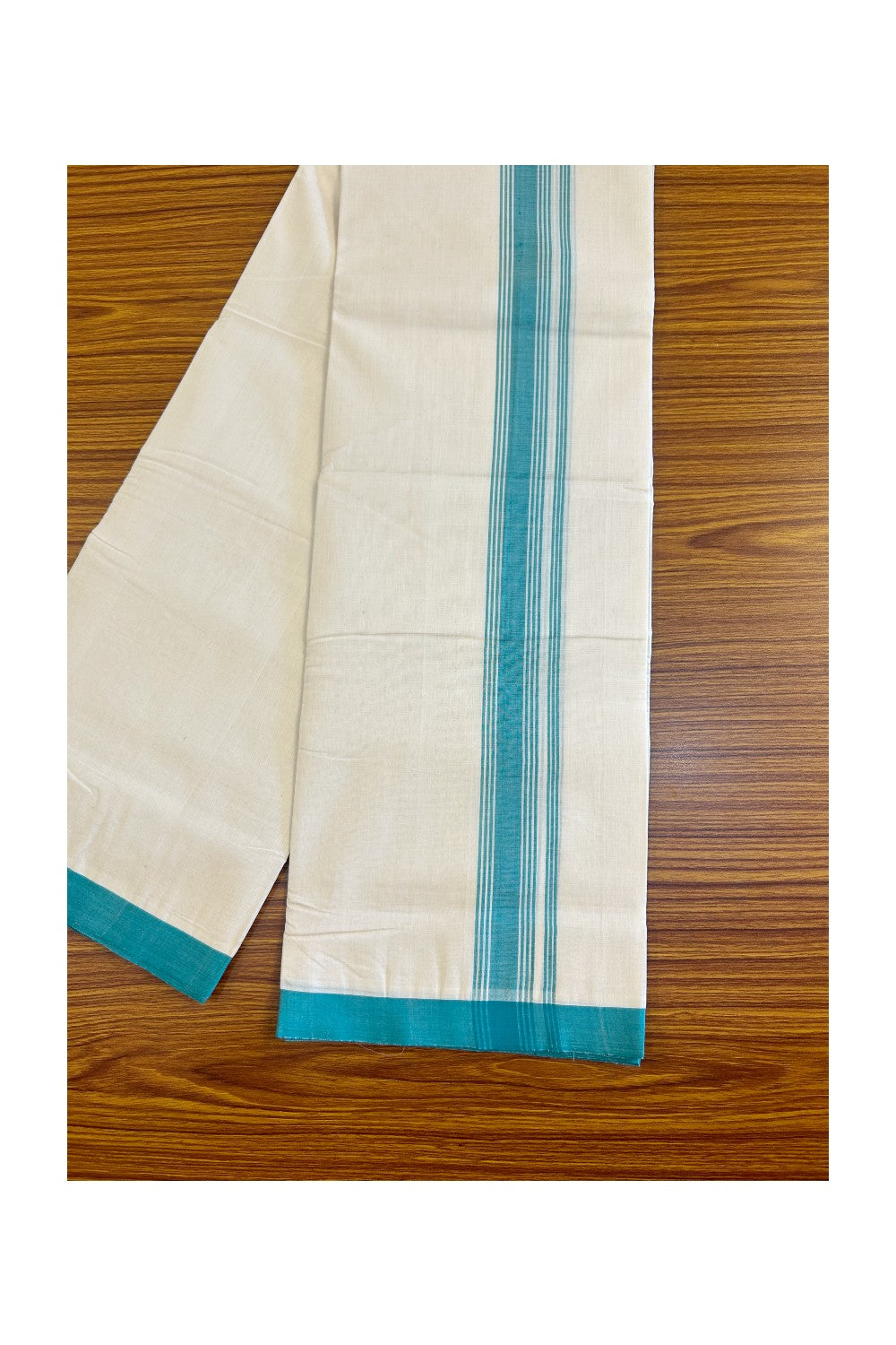 25% Discount!! KaithariKada Handloom Millpaav Balaramapuram - 100% Pure Cotton Off White (Unbleached) Double Mundu/Dhoti - 2 inch Blue Green striped kara 3.70 meters (8 Muzham) - 2KK453RAM