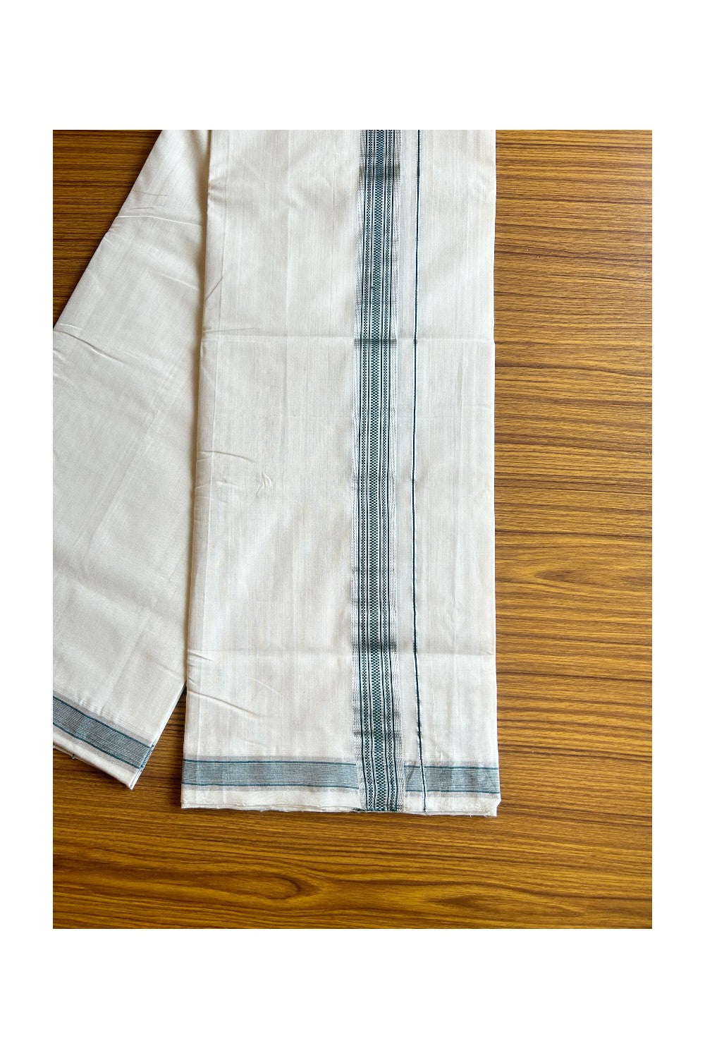 25% DISCOUNT!! KaithariKada HANDLOOM UNAKKUPAAV Balaramapuram - 100% PURE Cotton OFF White (Unbleached) Double Mundu/Dothi - 2 inch Silver kasavu Dark green pattern kara - 2KK462RAM