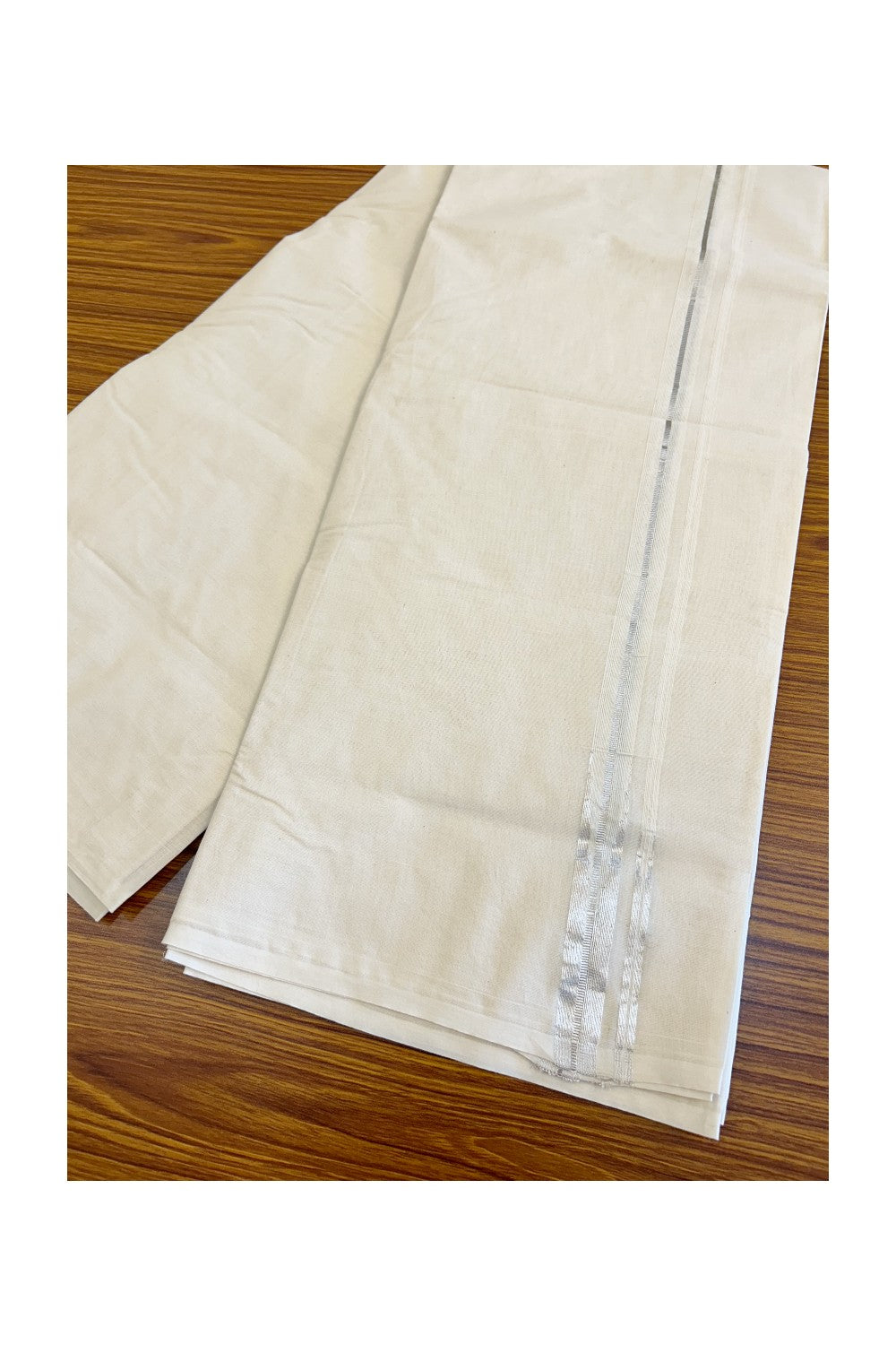 30% OFFER ! KaithariKada Balaramapuram 100% Cotton Double OFF WHITE (Unbleached) - Mundu/Dhoti-100x100 0.75INCH Puliyilakkara Chutty Silver Kasavu double chutty - 2KK466ASH