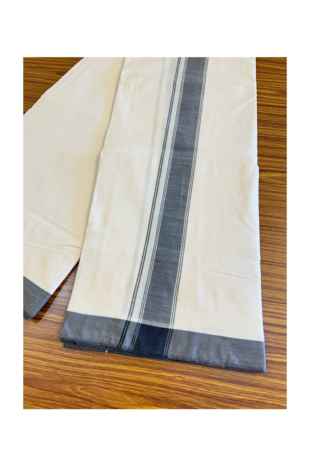 120X120 PREMIUM Kaitharikada Exclusive - 25% DISCOUNT! BALARAMAPURAM HANDLOOM Unakkupaavu - 100% PURE Cotton Double Mundu/Dhoti OFF WHITE ( Unbleached) - 2 inch Black Striped Kara - 2KK477KAL