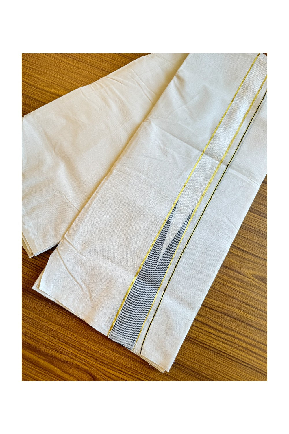 28% OFFER ! KaithariKada Balaramapuram 100% Cotton Double OFF WHITE - (Unbleached) Mundu/Dhoti-100x100 - 2 inch Puliyilakkara Heavy Chutty Black KASAV Stripes - 2KK490ASH.