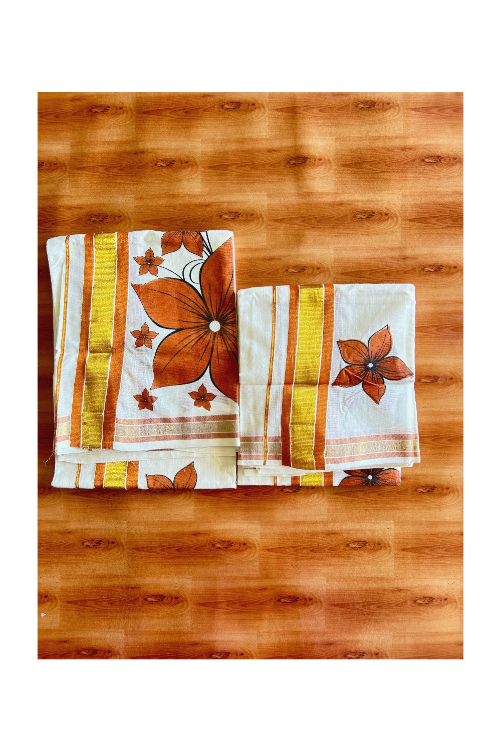 22% Discount!! KaithariKada - Kerala Cotton SINGLE SET MUND FOR WOMEN - Kasavu Kara with Orange Flower Design - 2KK495VIN