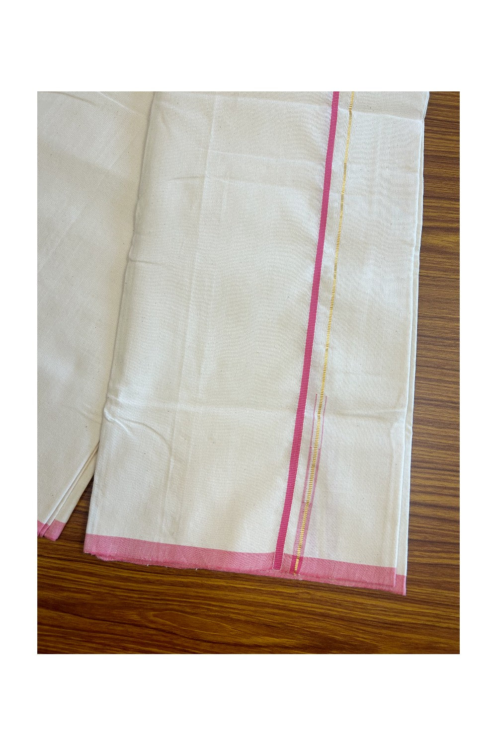 SIGNATURE KAITHARIKADA EXCLUSIVE SINGLE DHOTI - 100% Cotton Balaramapuram HANDLOOM Single Mundu/Dhoti - Off White - (Unbleached) 0.25 Inch Pink & KASAVU Chutty Kara (2 meter / 4 muzham) - 2KK5010KAI