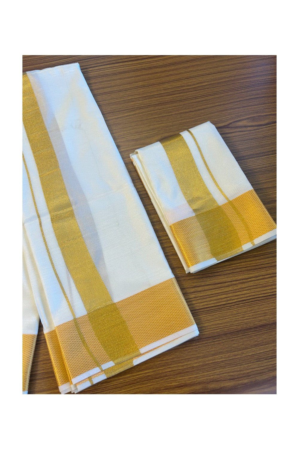 KaithariKada Balaramapuram 100% Art Silk OFF WHITE Double Mundu/Dhoti & Neriyath - 2.5inch Gold Kasavu kara - 3KK5015KAN