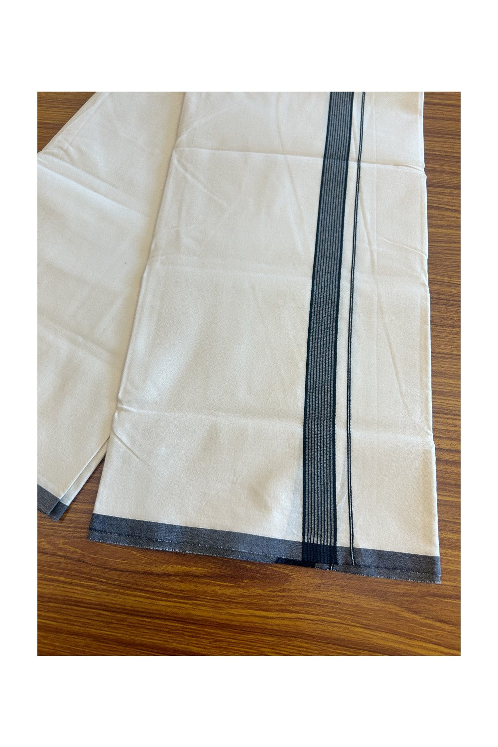 20% DISCOUNT ! KaithariKada Balaramapuram 100% COTTON SINGLE OFF WHITE - (Unbleached) Mundu/Dhoti-Twisted 100s Thread- 1.5 inch Black Striped Kara (2 metre / 4 muzham) - 2KK5023ASH