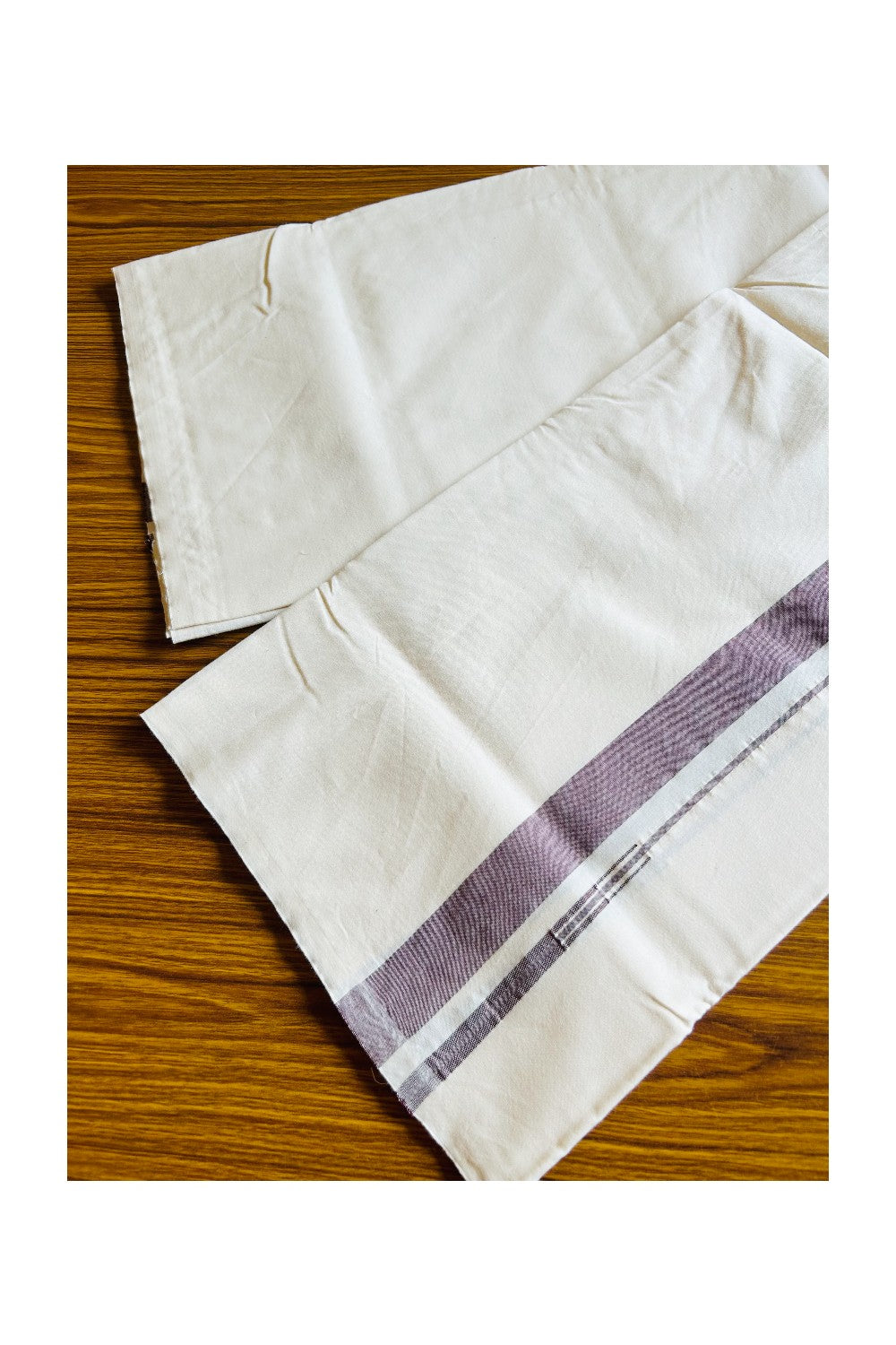 19% DISCOUNT ! KaithariKada Balaramapuram 100% COTTON SINGLE OFF WHITE  - (Unbleached) Mundu/Dhoti-Twisted 100s Thread- 1.75 inch Wine Maroon Puliyilakkara Chutty  (2 metre / 4 muzham)- 2KK5042ASH