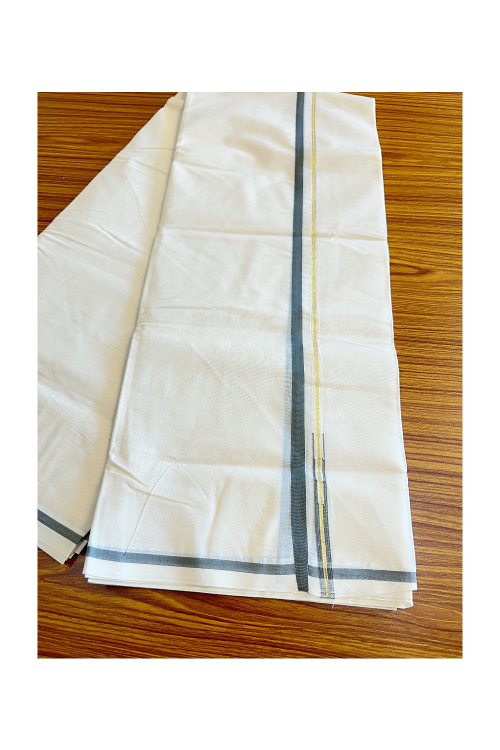 17% DISCOUNT! KaithariKada Balaramapuram 100% Cotton Double Off white - (Unbleached) Mundu/Dhoti-100x100 1.cm Chutty Puliyilakkara Kasavu & Dark Grey Kara - 2KK5028ASH