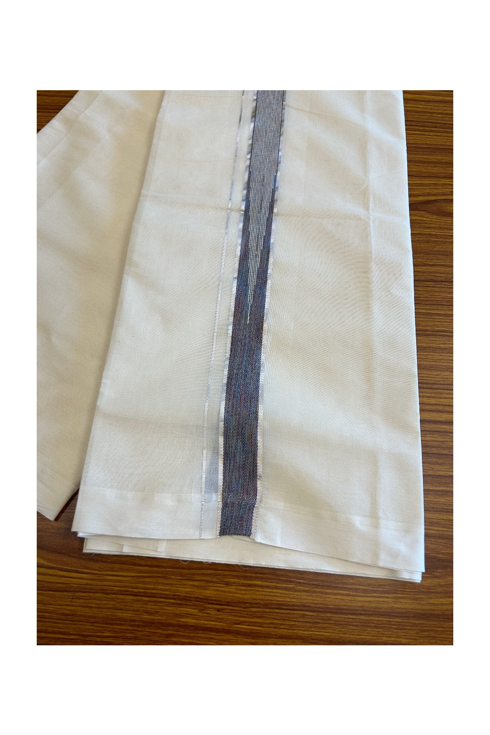 5% Discount!!! KaithariKada Balaramapuram Double Off white - (Unbleached) Mundu/Dhoti - 80X90 - 1.75 inch Silver kasavu Violet Indigo Shaded heavy chutty - 16KK5037KAI