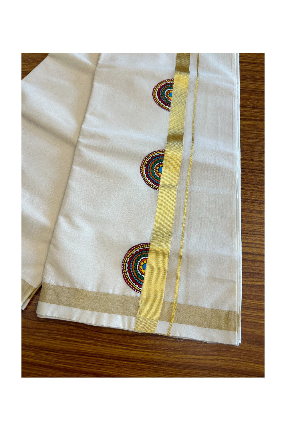 KaithariKada HANDLOOM Millpaav Balaramapuram - 100% PURE Cotton OFF White - (Unbleached) Double Mundu/Dothi - 1.75 Inch Hand Painted Flower Design & Kasavu Kara - 2KK5038KK