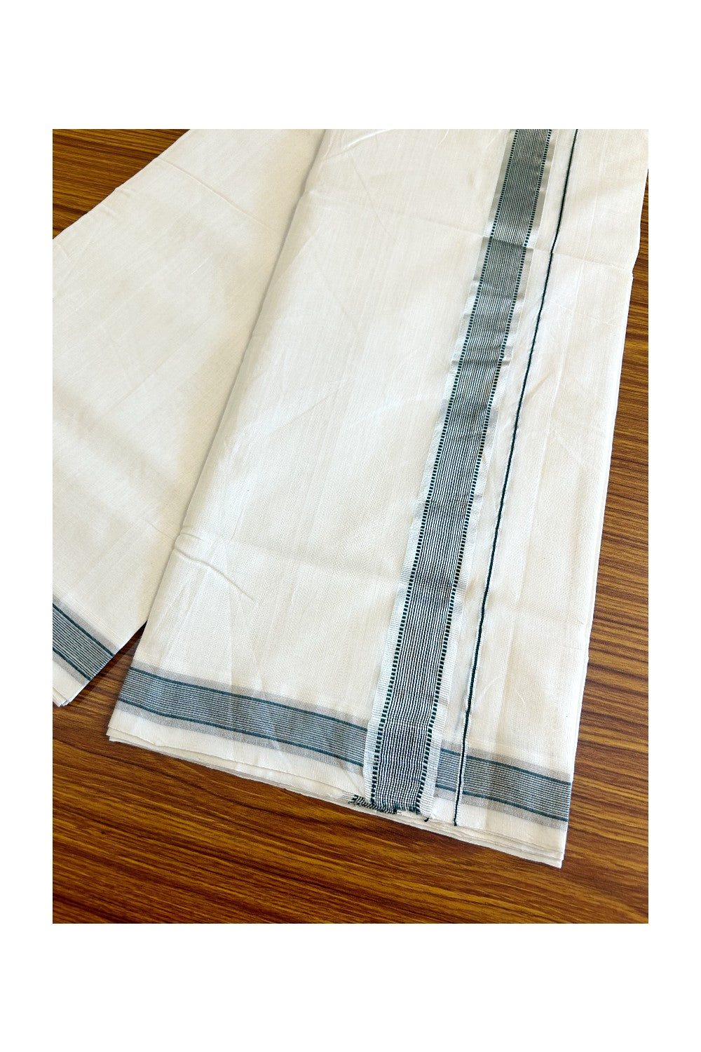 25% DISCOUNT!! KaithariKada HANDLOOM Unakkupaav Balaramapuram - 100% PURE Cotton OFF White - (Unbleached) Double Mundu/Dothi - 2 inch Green & Silver striped pattern kara - 2KK503RAM