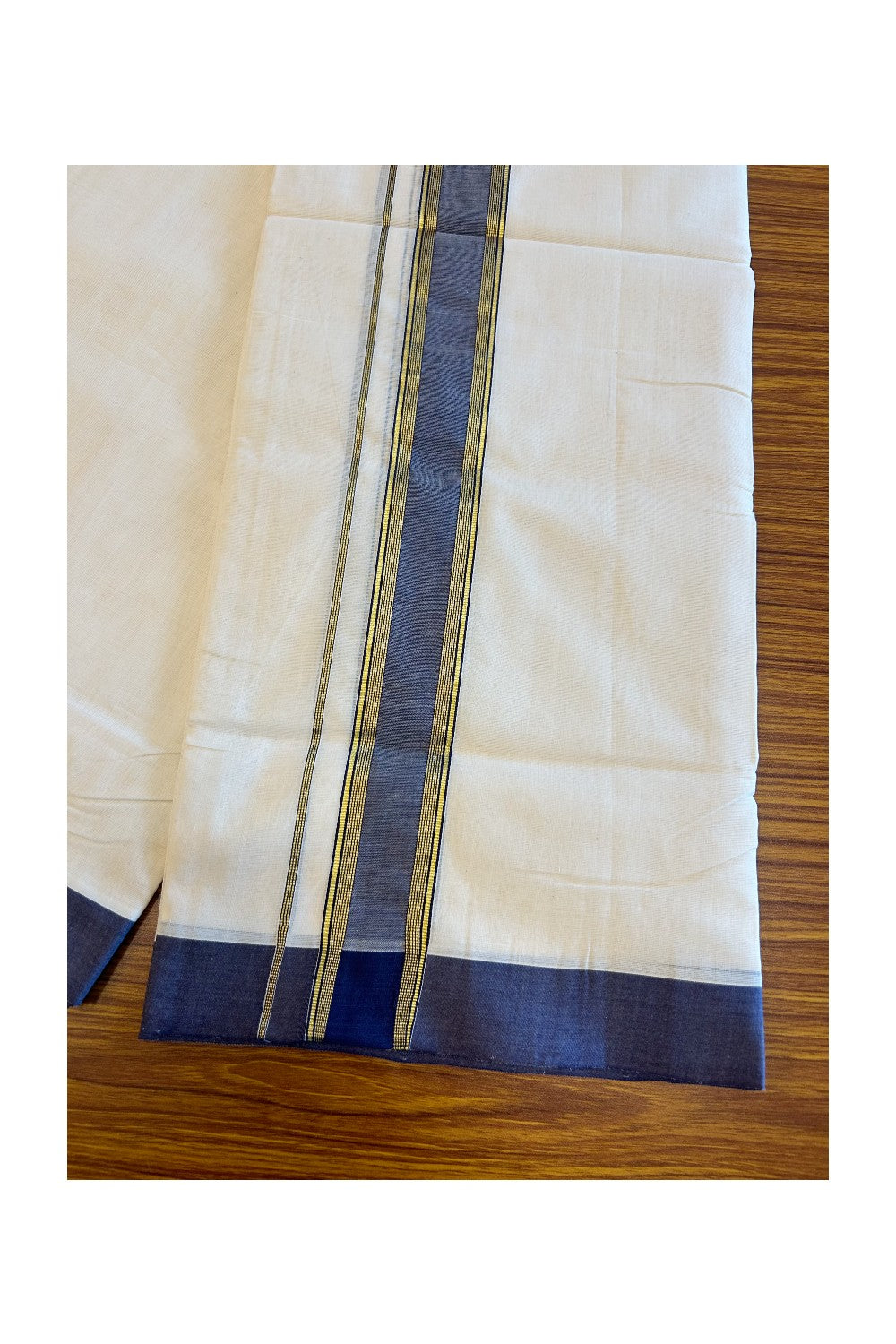 30% Discount KaithariKada HANDLOOM Unakkupaav Balaramapuram - 100% PURE Cotton Off white (Unbleached) Double Mundu/Dhoti - 2.5 inch Kasavu Stripes & Navy Blue kara-163