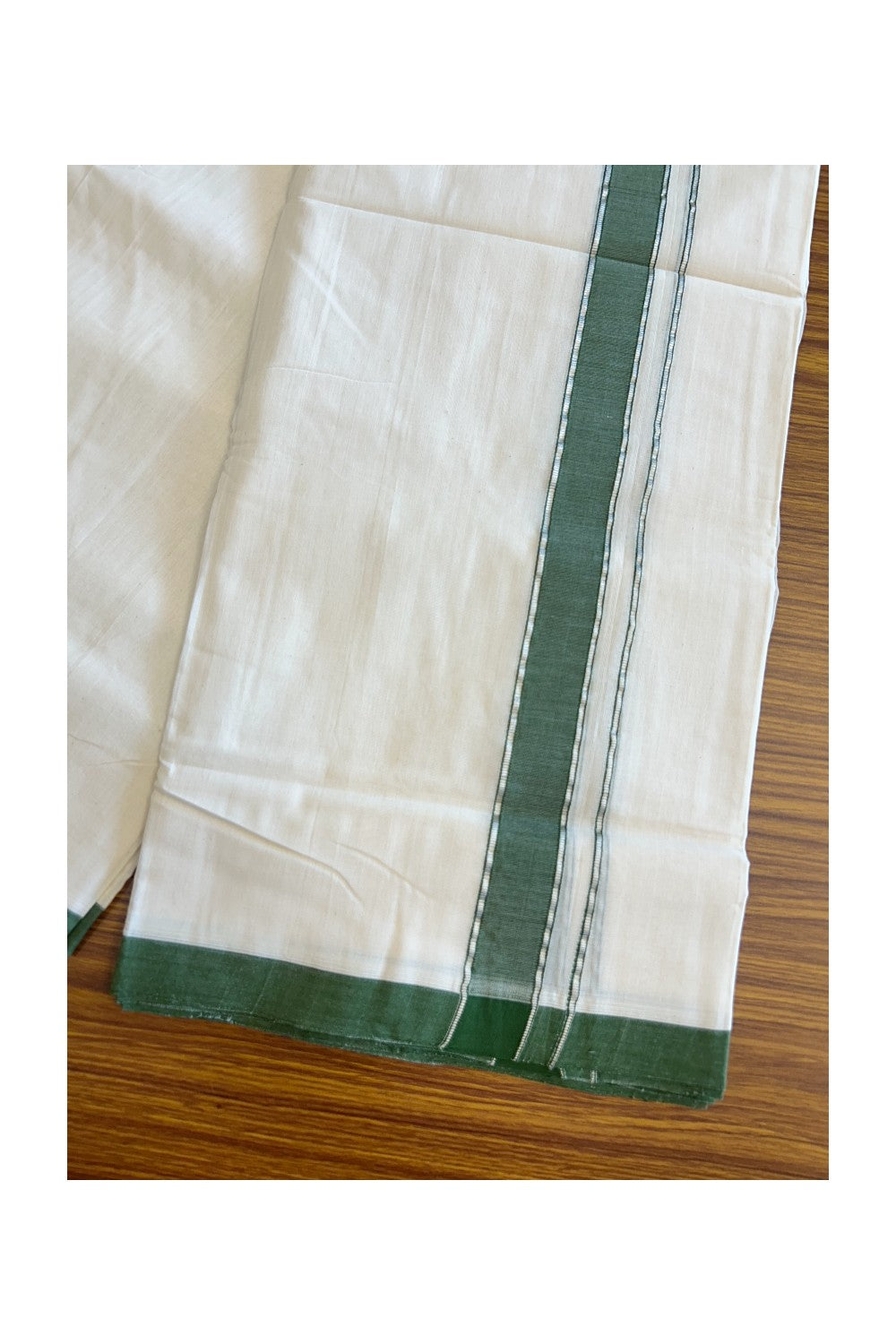 30% DISCOUNT! KaithariKada BALARAMAPURAM HANDLOOM UNAKKUPAAV - 100% PURE Cotton off white (Unbleached) Double Mundu/Dhoti - 1.75 inch Silver Kasavu & Green Stripes Kara-59