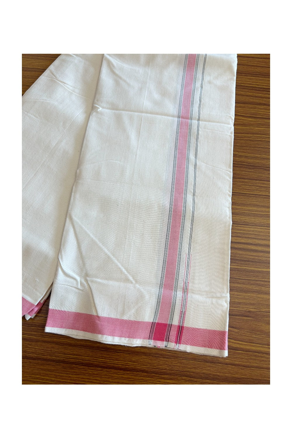 25% Discount ! KaithariKada 100% Cotton Balaramapuram HANDLOOM Single Mundu/Dhoti - Off White - (Unbleached) - 1 inch Puliyilakkara Pink Chutty & Black Stripes Kara (2 meter / 4 muzham) - 2KK5065KK