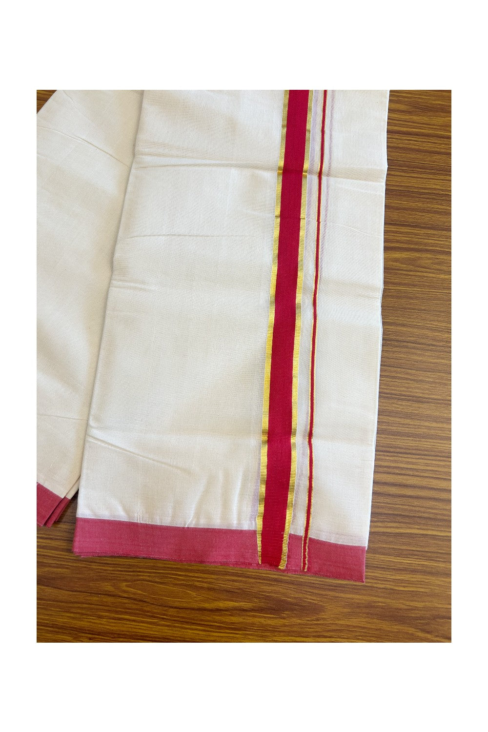 10% DISCOUNT! KaithariKada Balaramapuram 100% Cotton HANDLOOM Double Off white (Unbleached) Mundu/Dhoti-100X100- 2 inch Gold Kasavu &Red Kara-25.