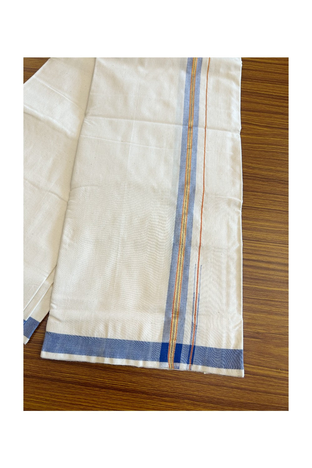 25% Discount ! KaithariKada 100% Cotton Balaramapuram HANDLOOM Single Mundu/Dhoti - Off White (Unbleached) 1.Inch (2 meter / 4 muzham) Blue & Red Stripes Kasavu Puliyilakkara Chutty- KAIR03.