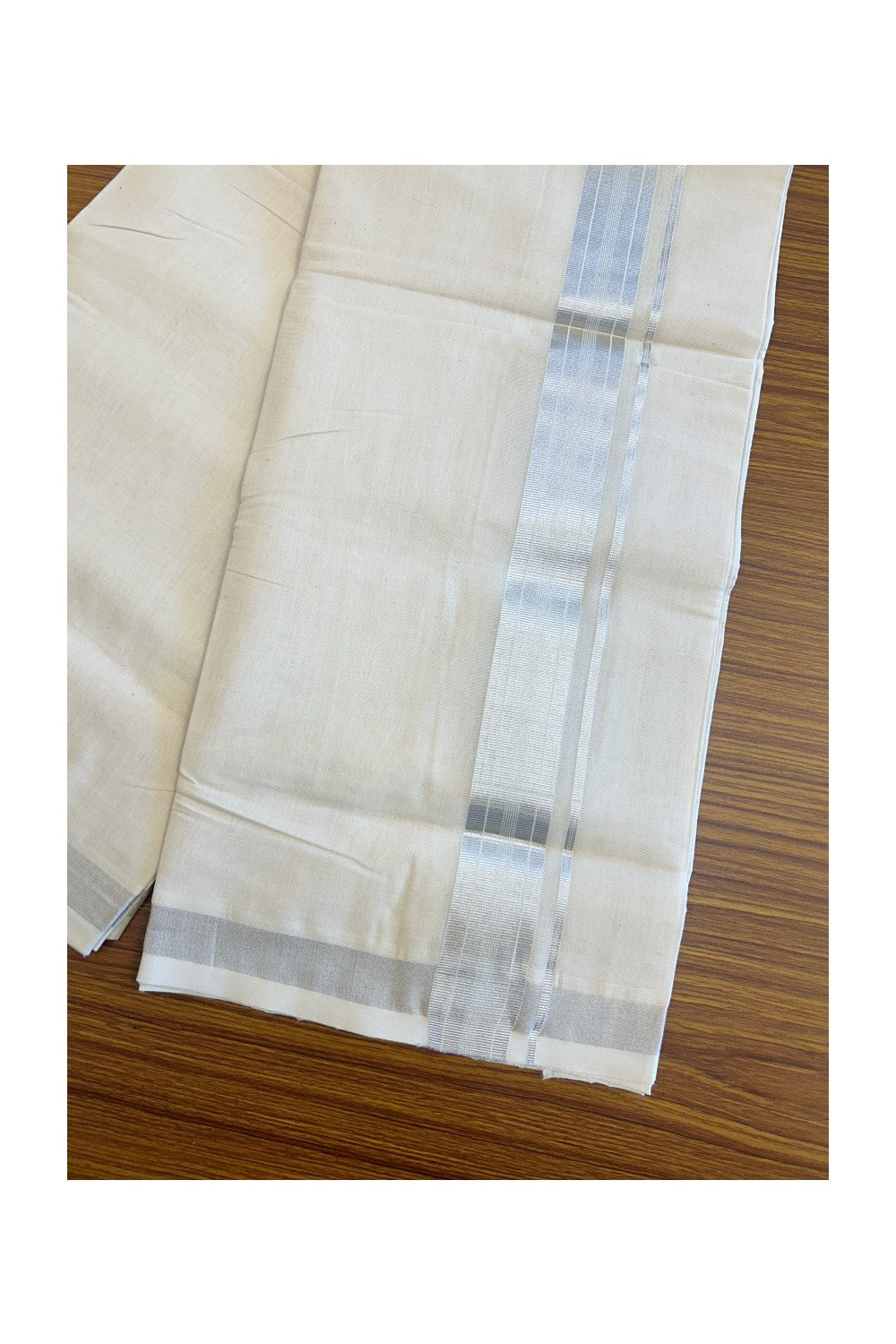 25% Discount ! KaithariKada Handloom Millpaav Balaramapuram - 100% Pure Cotton Off White (Unbleached) Double Mundu/Dhoti - Silver Kasav Stripes Design - 12KK37RAM