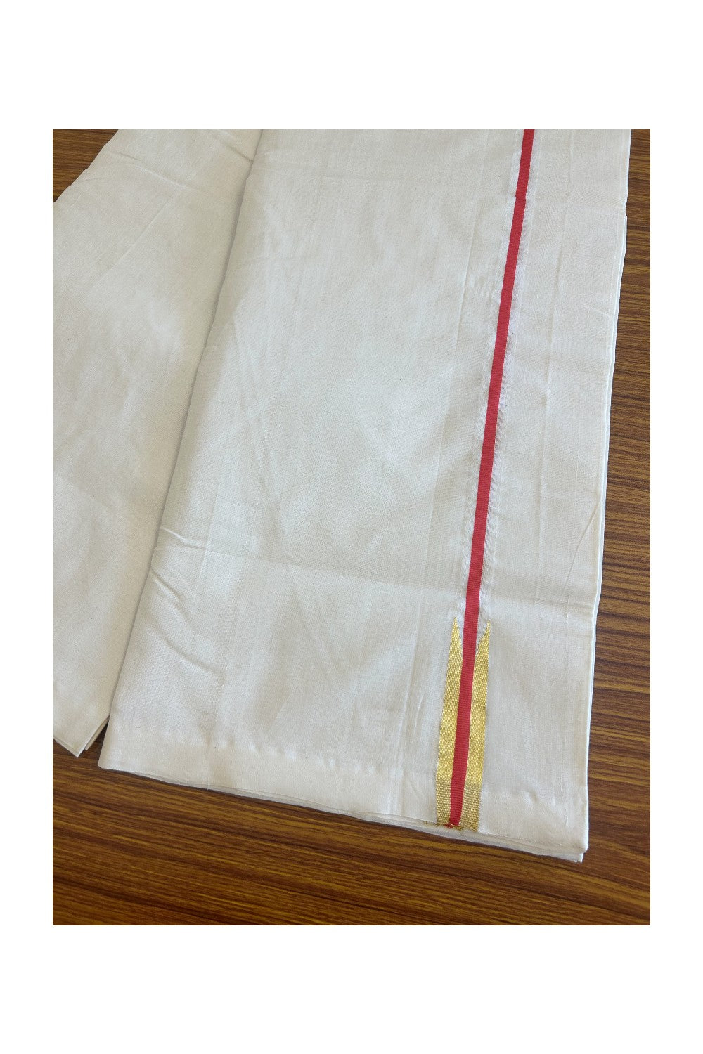 30% DISCOUNT!! KaithariKada HANDLOOM UNAKKUPAAV Balaramapuram - 100% PURE Cotton OFF White - (Unbleached) Double Mundu/Dothi -Red Kara & Kasavu Puliyilakkara Chutty- 2KK506RAM