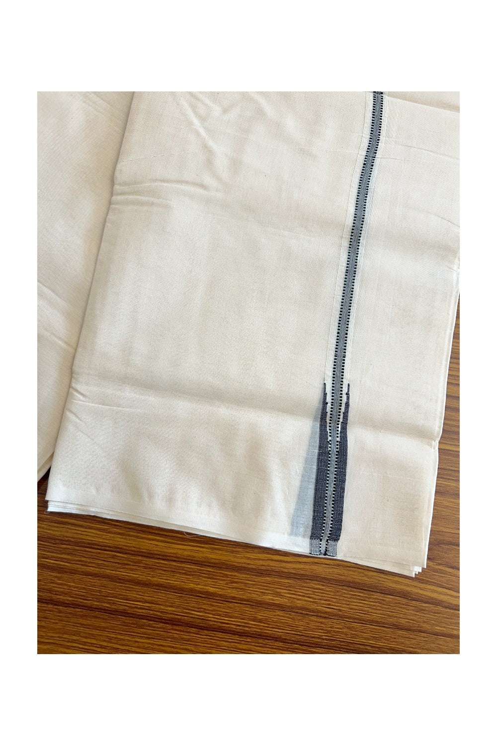 22% Discount! KaithariKada Balaramapuram 100% Cotton Double Off white (Unbleached) Mundu/Dhoti- 100x100 Chutty Puliyilakkara Striped Ash Black 2.cm Kara- 17KK417ASH