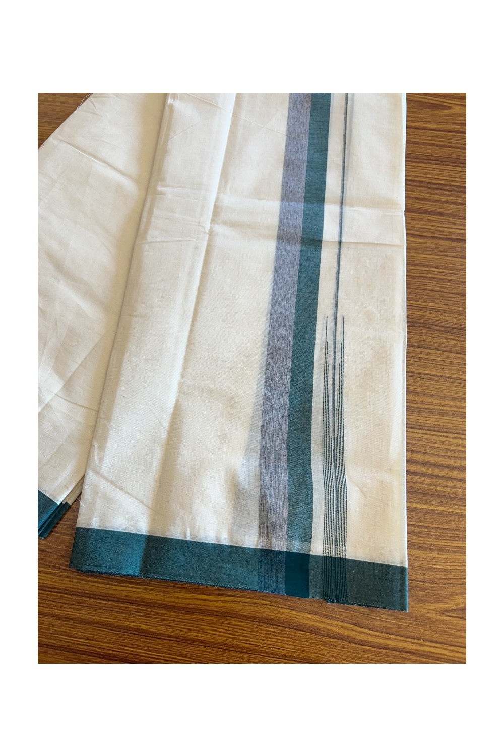 5% Discount!!! KaithariKada Balaramapuram Double Off white - (Unbleached) Mundu/Dhoti - 80X90 - 1.75 inch Green & Violet Shaded puliyilakkara striped chutty - 2KK5077KAI