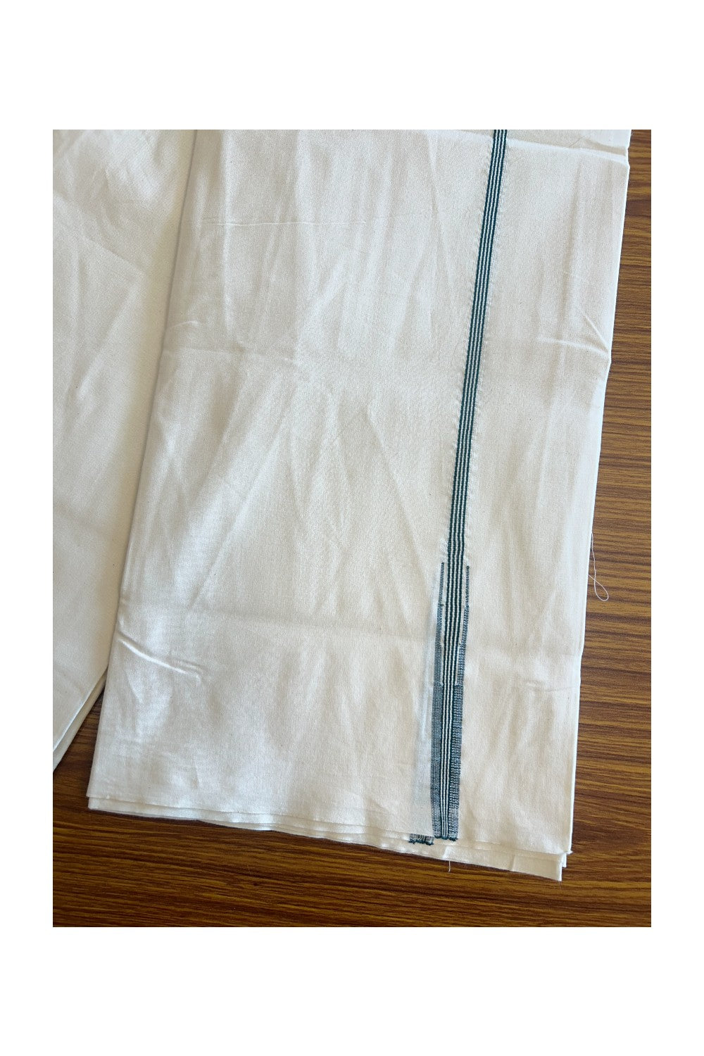16% DISCOUNT ! KaithariKada Balaramapuram 100% COTTON SINGLE OFF WHITE (Unbleached) Mundu/Dhoti-100X100- 0.5 inch Puliyilakkara Dark Green Striped Chutty Kara (2 meter / 4 muzham) - 2KK5087ASH