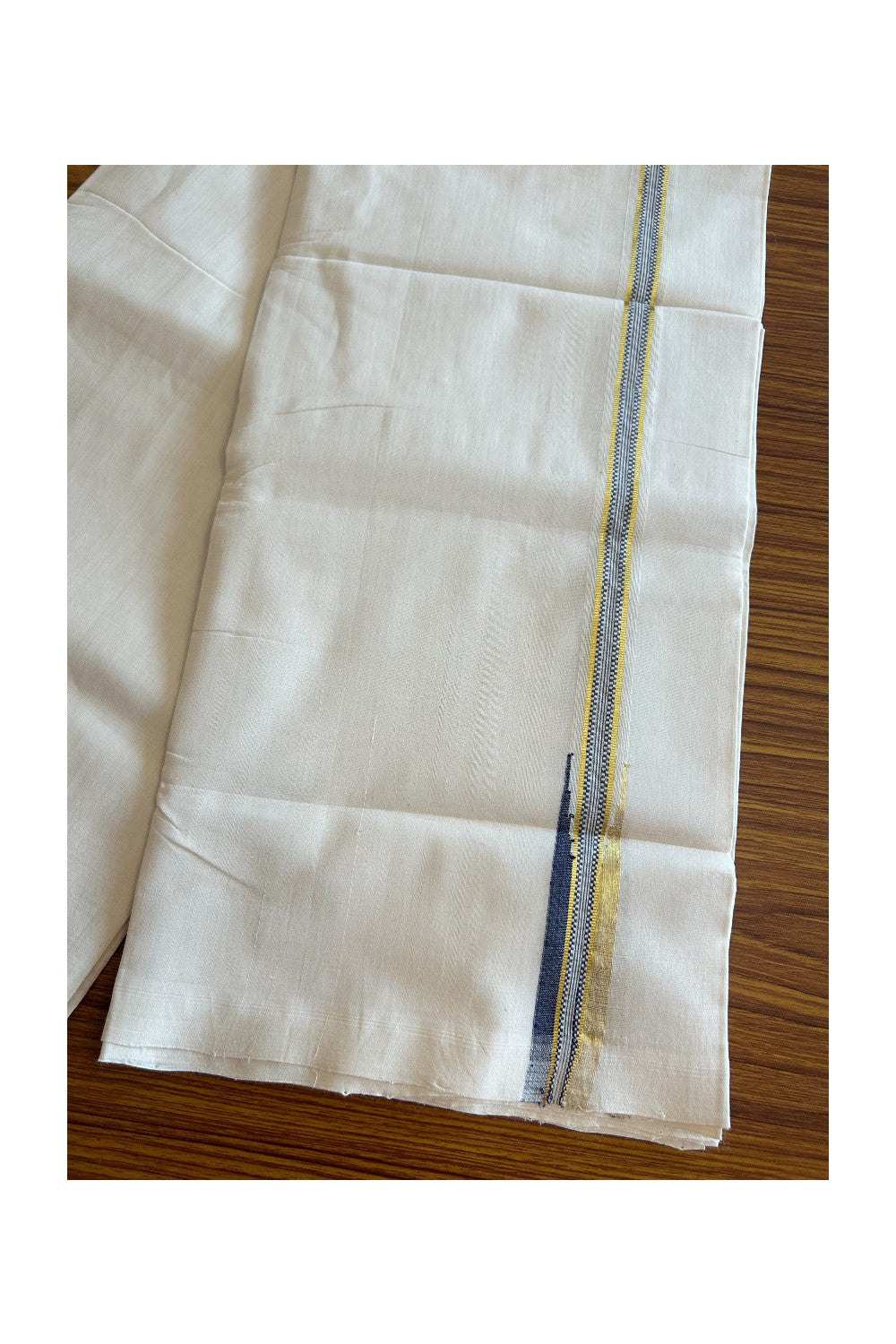 30% DISCOUNT!! KaithariKada HANDLOOM Unakkupaav Balaramapuram - 100% PURE Cotton OFF White Double - (Unbleached) Mundu/Dothi -1 inch puliyilakkara Navy Blue & Gold Kasavu Chutty Kara- 2KK5089YAR