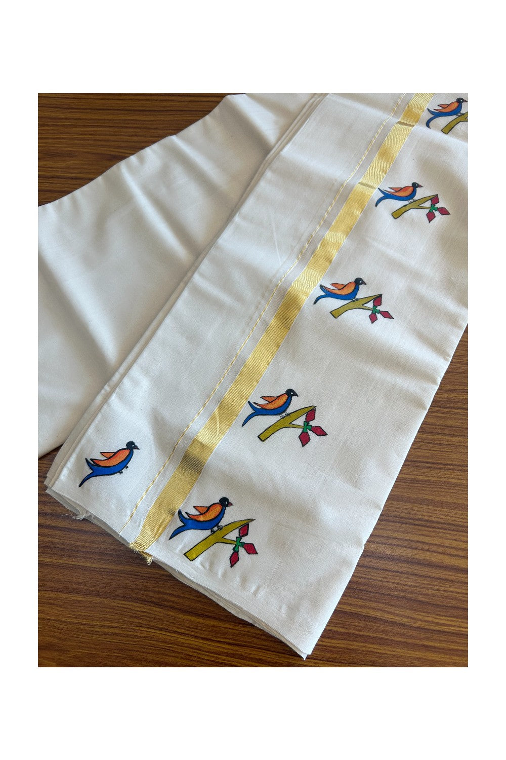 30% Discount!! KaithariKada HANDLOOM Millpaav Balaramapuram - 100% PURE Cotton OFF White - (Unbleached) Double Mundu/Dothi - 1.25 Inch Kasavu kara Hand Painted Bird Design - 2KK5091RAM