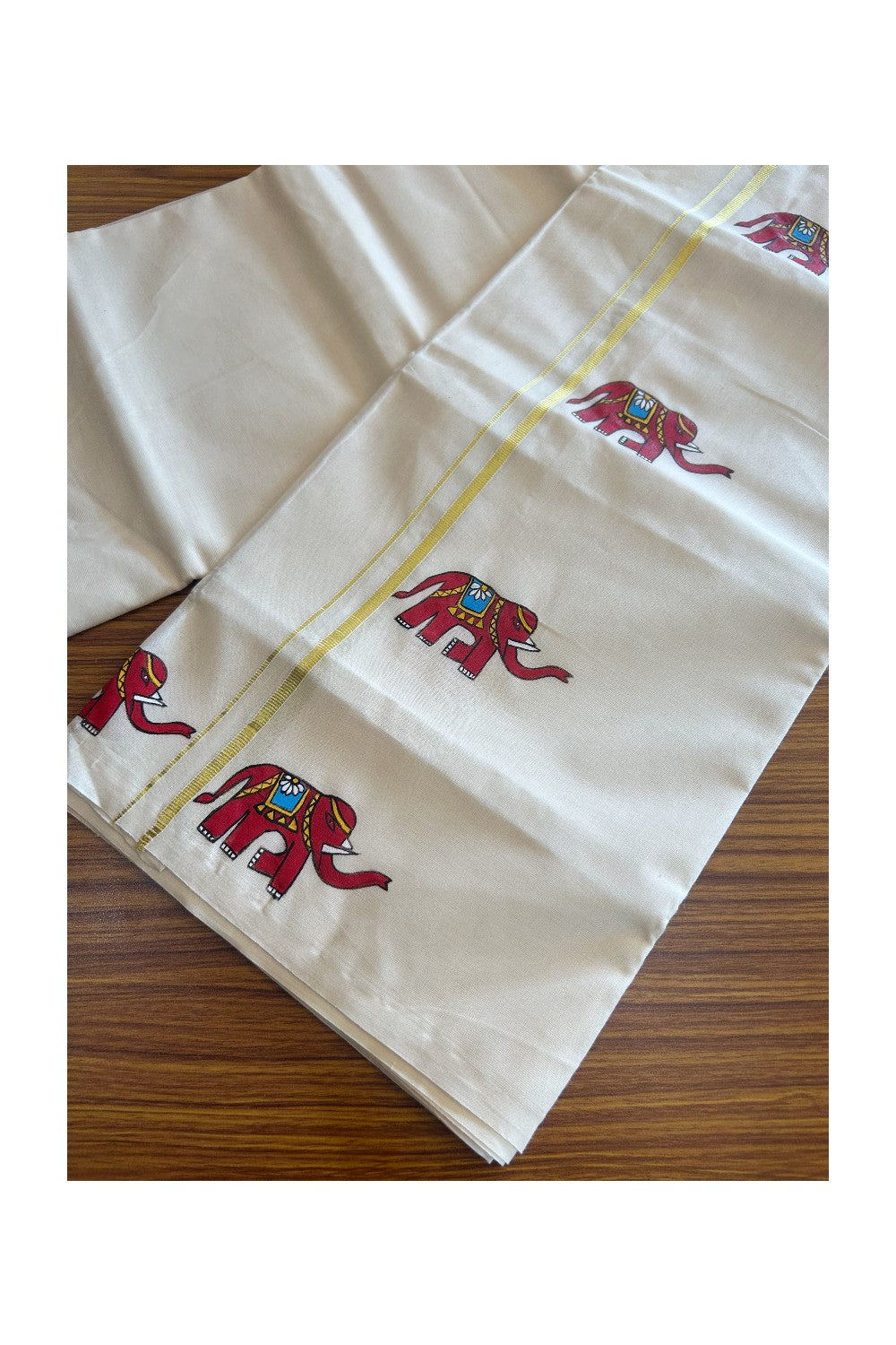 KaithariKada Balaramapuram 100% Cotton Double Off white - (Unbleached) Mundu/Dhoti - 100x80 0.75 inch Kasavu & Hand Painted Elephant Design Kara 3.72 meter (8 Muzham) - 2KK5092ASH