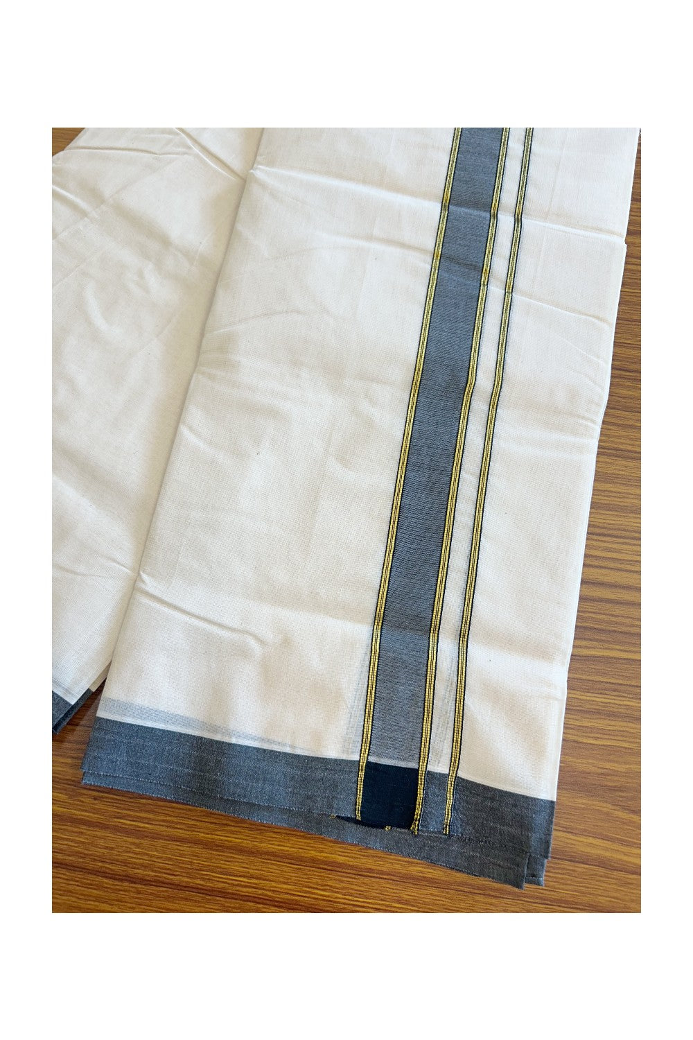 19% Discount KaithariKada Balaramapuram 100% Cotton Double Off white - (Unbleached) - Mundu/Dhoti- 100x80 - 2 inch Black & Gold Kasavu Striped Kara 3.64 mtr (8 Muzham)- 2KK5101ASH