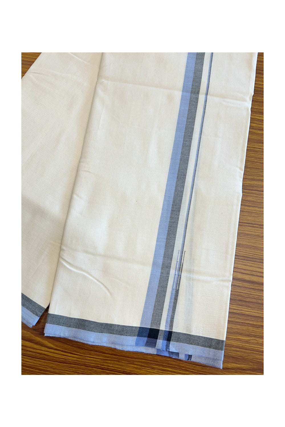 SIGNATURE KAITHARIKADA EXCLUSIVE SINGLE DHOTI - 100% Cotton Balaramapuram HANDLOOM Single Mundu/Dhoti - Off White - (Unbleached) 1 inch Black & Lavender Blue Chutty Kara (2 meters /4 muzham) - 2KK5103KAI