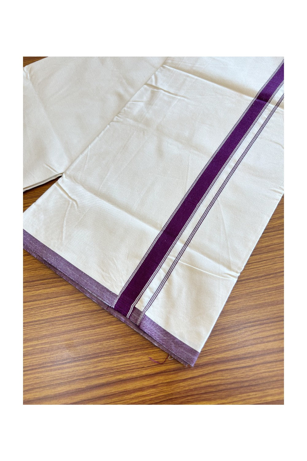 28% DISCOUNT ! KaithariKada Balaramapuram 100% COTTON SINGLE OFF WHITE - (Unbleached) Mundu/Dhoti-Twisted 100s Thread- 1.75 inch Wine Purple Striped Kara (2 meter / 4 muzham) - 2KK5120ASH