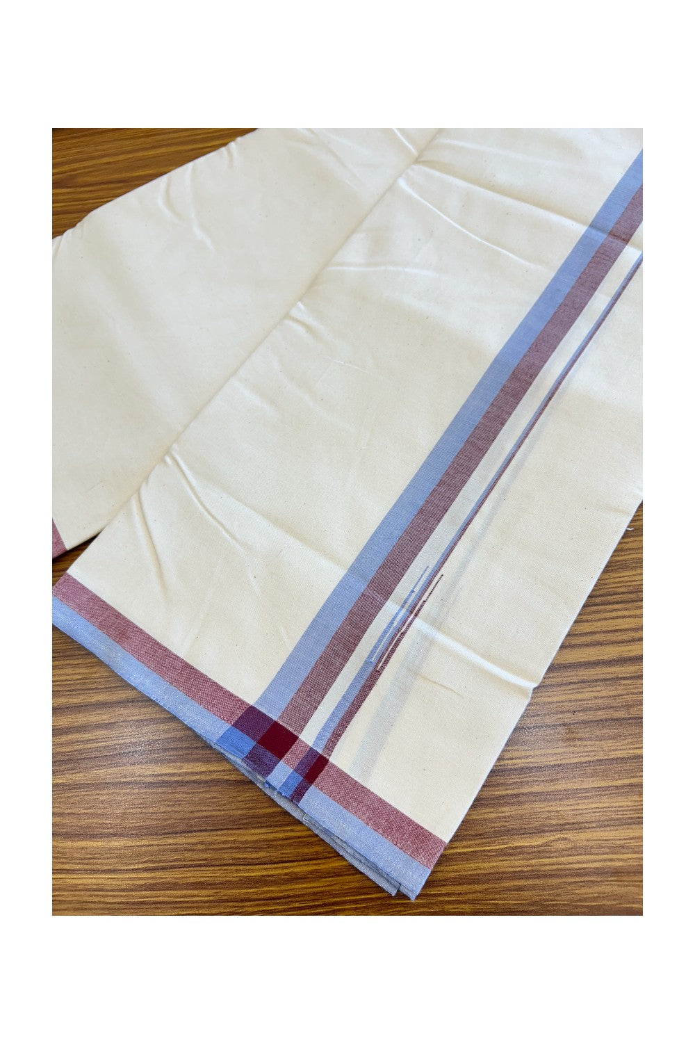 SIGNATURE KAITHARIKADA EXCLUSIVE SINGLE DHOTI - 25% Discount!! 100% Cotton Balaramapuram HANDLOOM Single Mundu/Dhoti - Off White - (Unbleached) 1 inch Lavender Blue & Maroon Puliyilakkara chutty (2 meters /4 muzham) - 2KK5124KAI