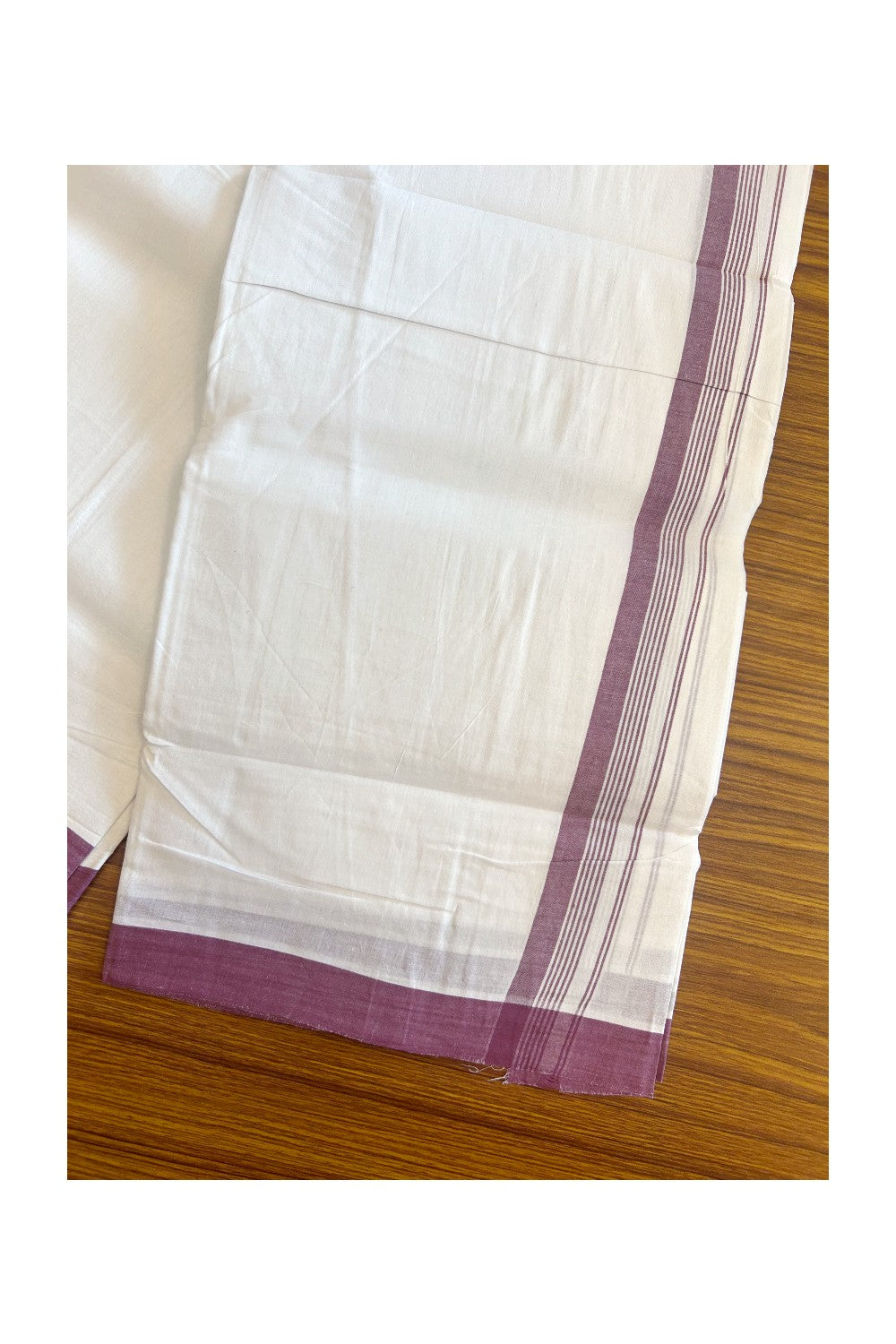 30% Discount!!! KaithariKada HANDLOOM UNAKKUPAAV Balaramapuram - 100% PURE Cotton PURE WHITE Double Mundu/Dhoti - 1 inch Dark Purple Striped Kara - 2KK5129YAR