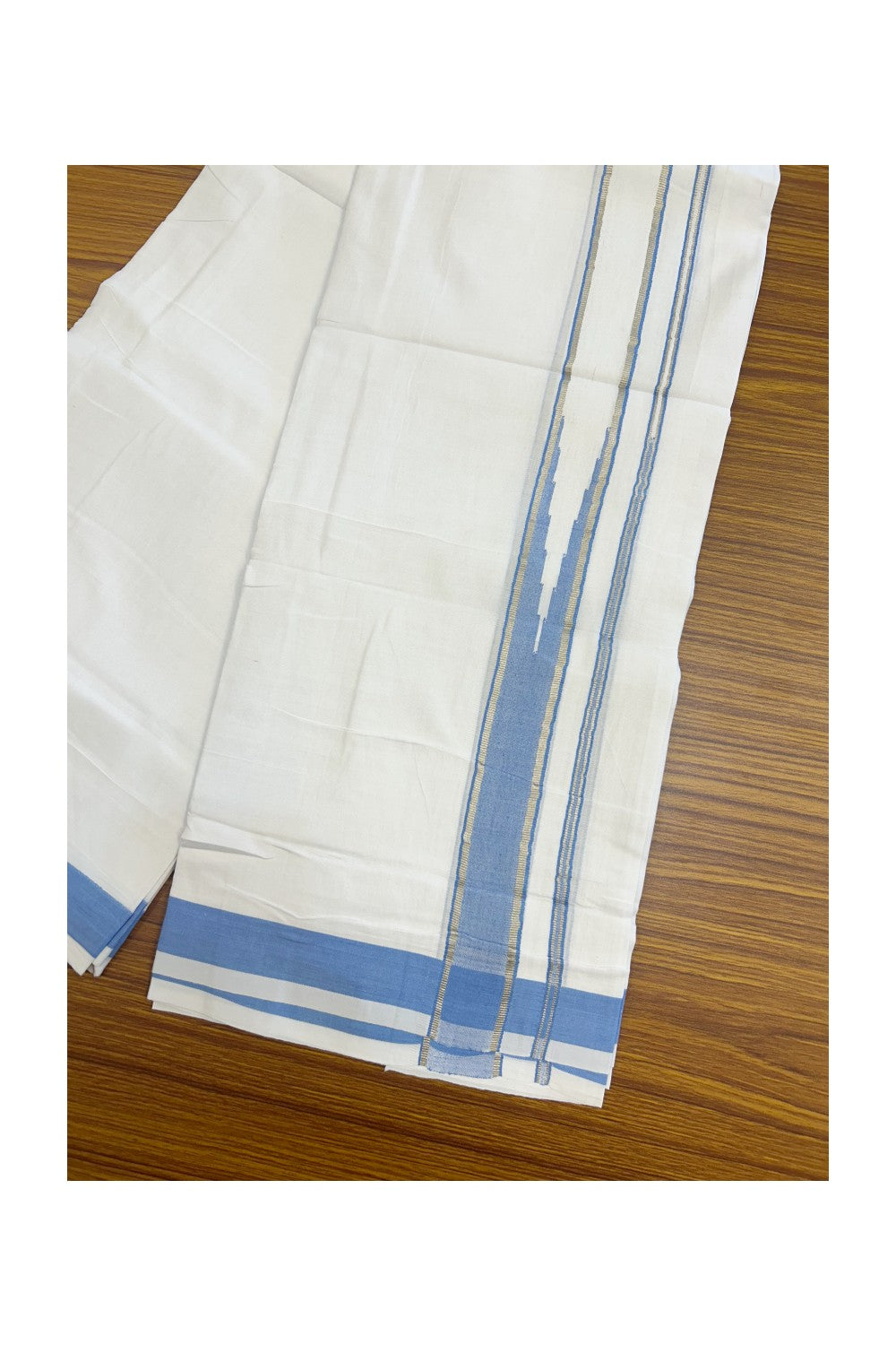 25% DISCOUNT! KaithariKada Balaramapuram 100% Mercerised Cotton Double ULTRA PURE white Mundu/Dhoti - 120x120 - 1.5 inch Heavy Chutty Silver Kasavu & Light Blue Shaded Kara - 2KK5139THI