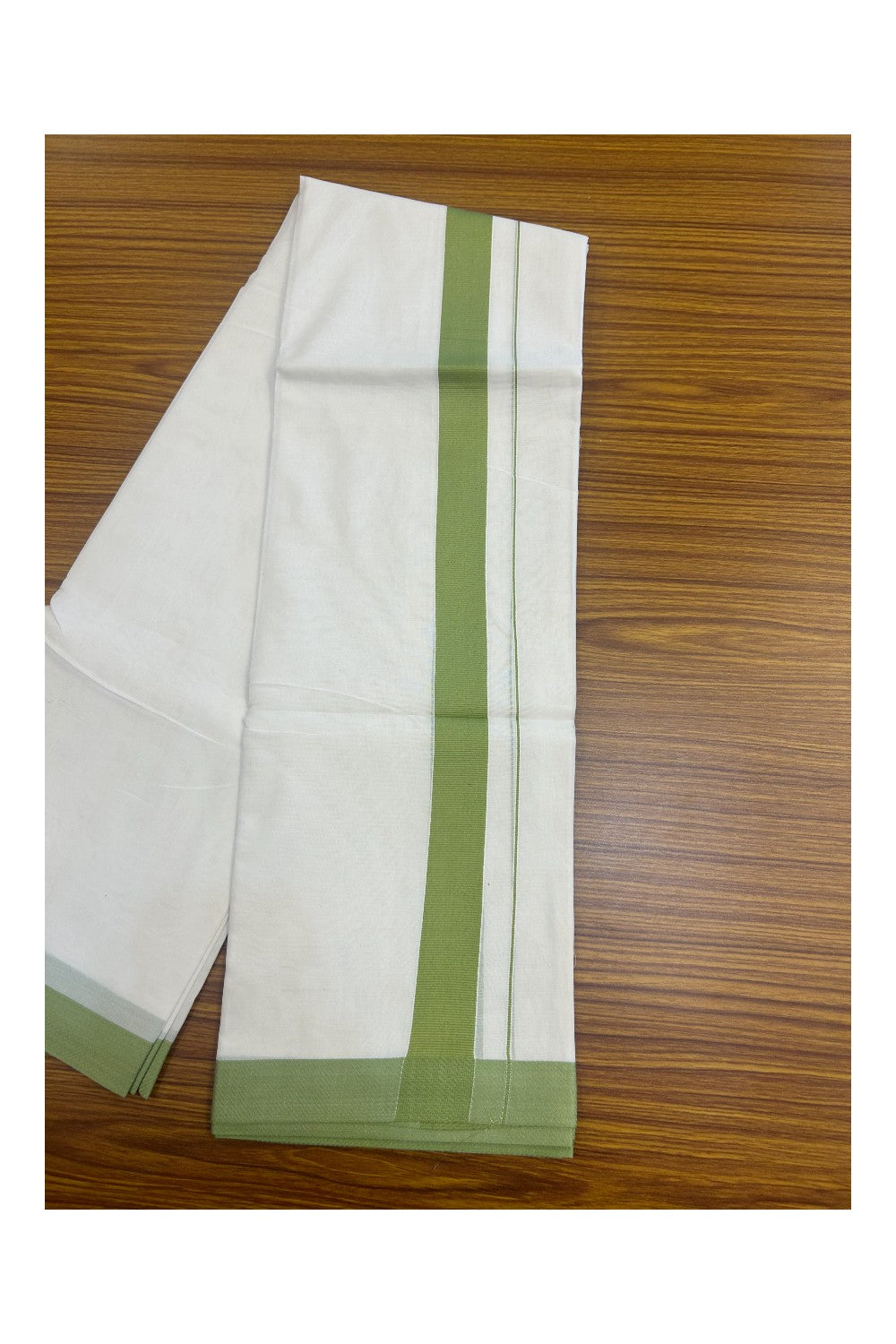 42% DISCOUNT! KaithariKada Balaramapuram 100% Cotton Double PURE white Mundu/Dhoti-100x80 -1.5 Inch Green SATIN FINSH Border Design Kara - 2KK5143PMC