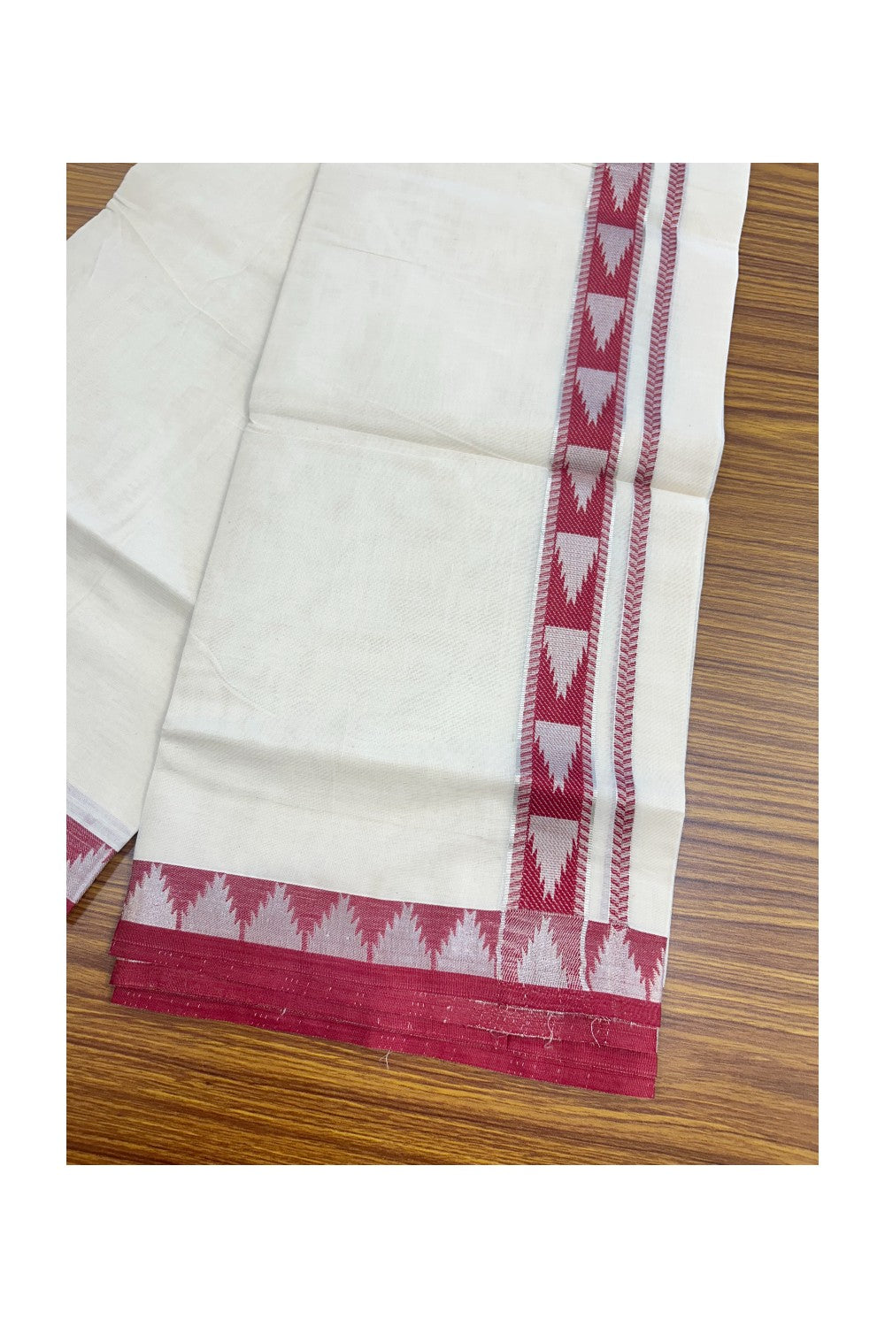 20% DISCOUNT ! KaithariKada Balaramapuram 100% Cotton Double off white (Unbleached) Mundu/Dhoti - 100X90 - 1.5 inch Silver kasavu & Magenta Red Temple design kara - 2KK5147PMC