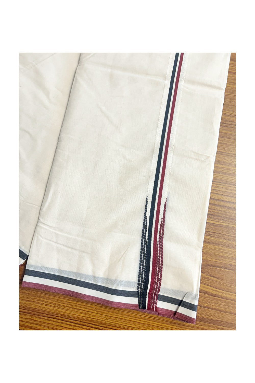 AIADMK VESHTI - 22% DISCOUNT! KaithariKada 100% Cotton off white Double - (Unbleached) Mundu/Dhoti - 100X100 - 1 inch Black White & Maroon Striped Wings Chutty kara- 2KK5150ASH