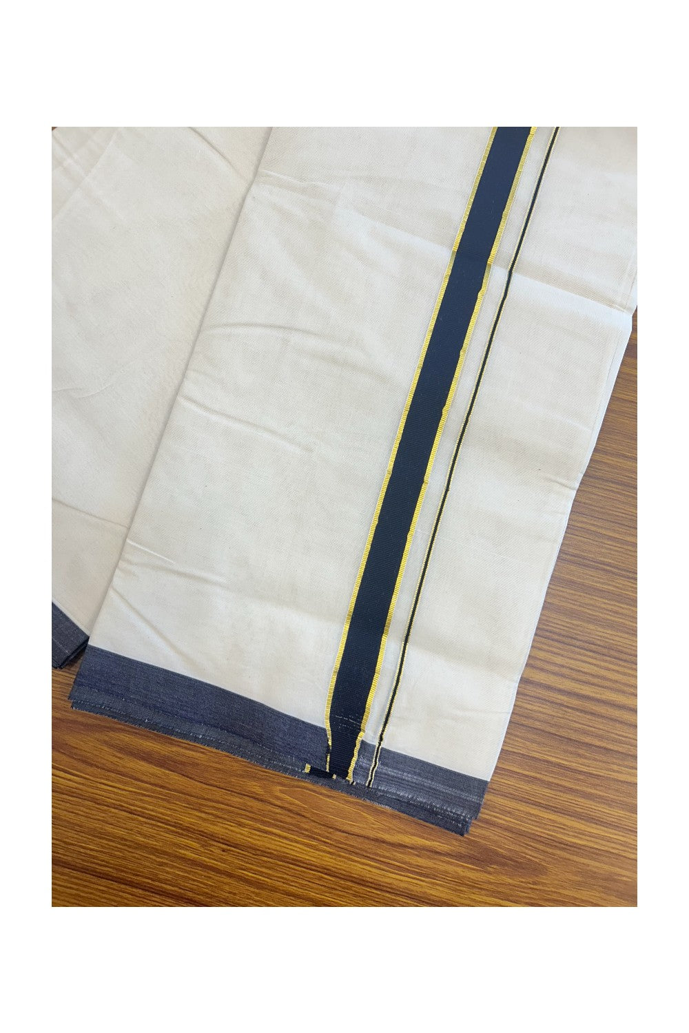 SHORT DHOTI SPECIAL! Kaitharikada.com 28% DISCOUNT! KaithariKada Balaramapuram 100% Cotton Off white (Unbleached) Double Mundu/Dhoti-100x100 - 1 inch Kara & 46 inches Height Navy Blue & Kasavu Kara- 2KK5166ASH