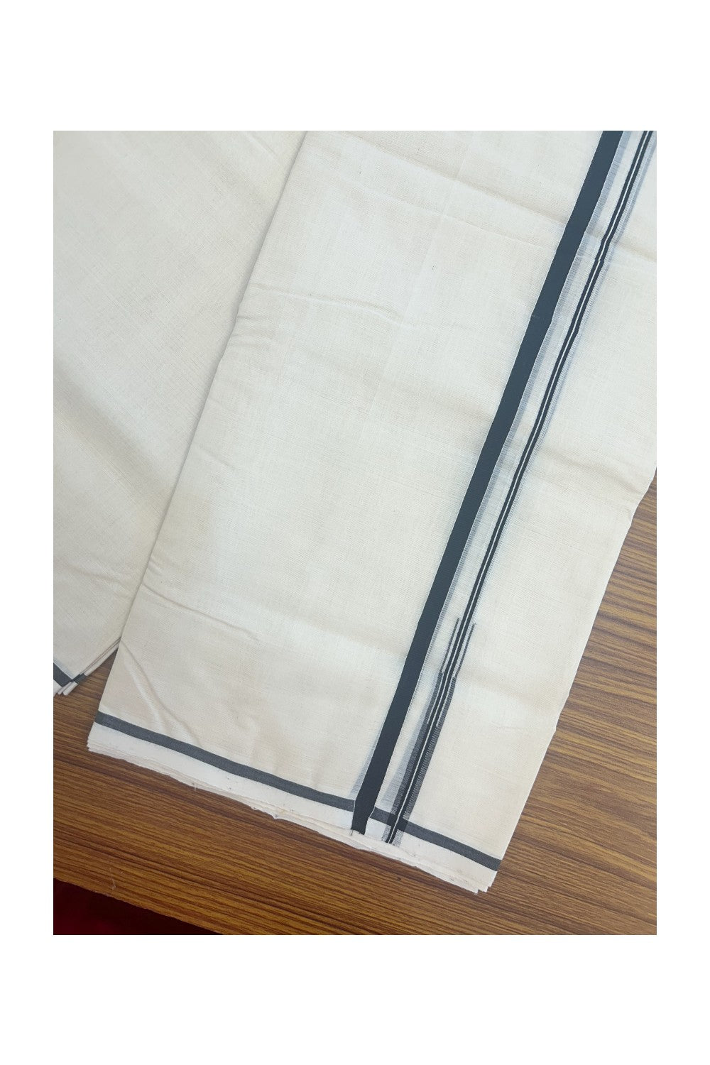25% Discount KaithariKada HANDLOOM Millpaav Balaramapuram - 100% PURE Cotton off white - (Unbleached) Double Mundu/Dhoti - Puliyilakkara 1 cm Black Chutty - 2KK5175RAM