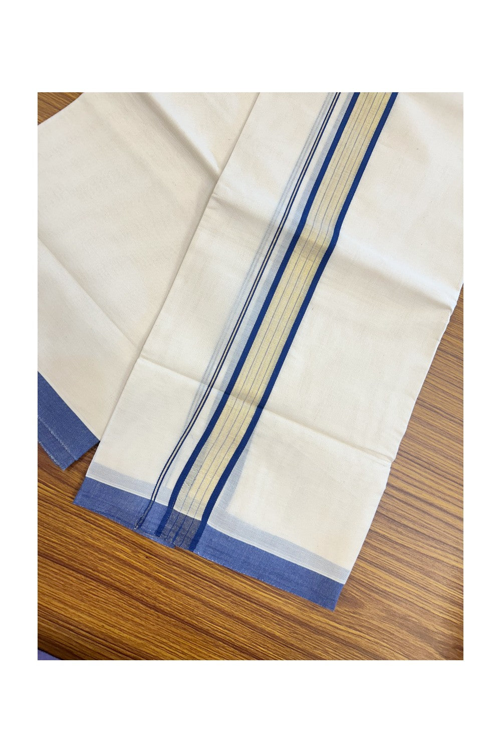 20% DISCOUNT! KaithariKada Balaramapuram Double OFF WHITE Mundu/Dhoti - 80x90 - 1.5 Inch Tissue Blue striped Kara - 2KK5182VAS