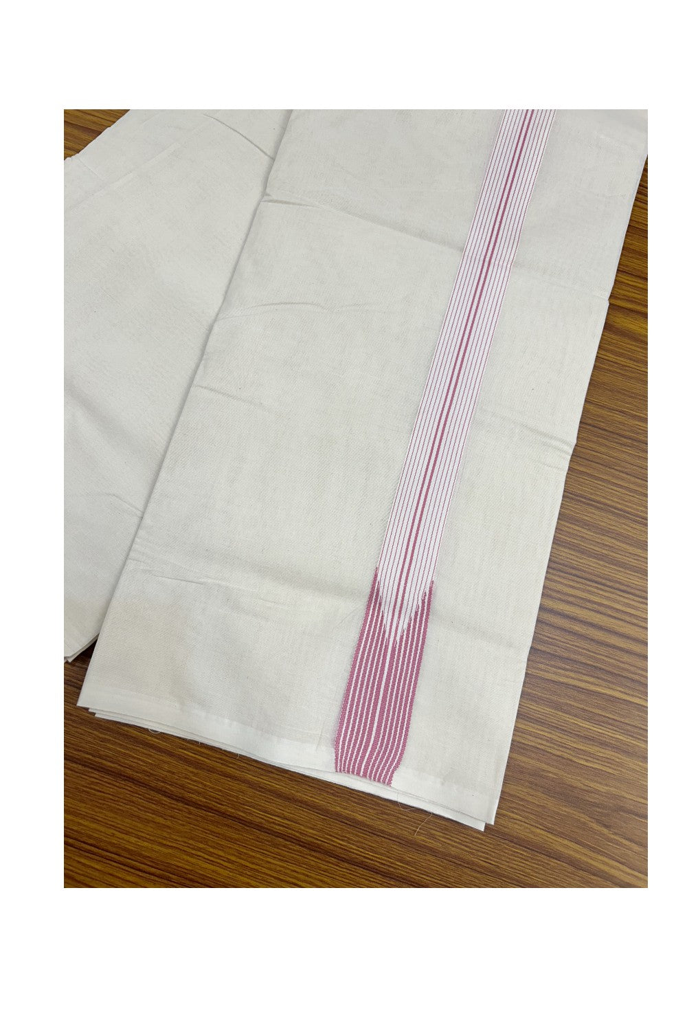 20%OFFER! KaithariKada Balaramapuram 100% Cotton Double OFF WHITE - (Unbleached) Mundu/Dhoti-100x100 - 1.5 inch 12 LINE Puliyilakkara Pink Chutty Kara- 2KK5185ASH