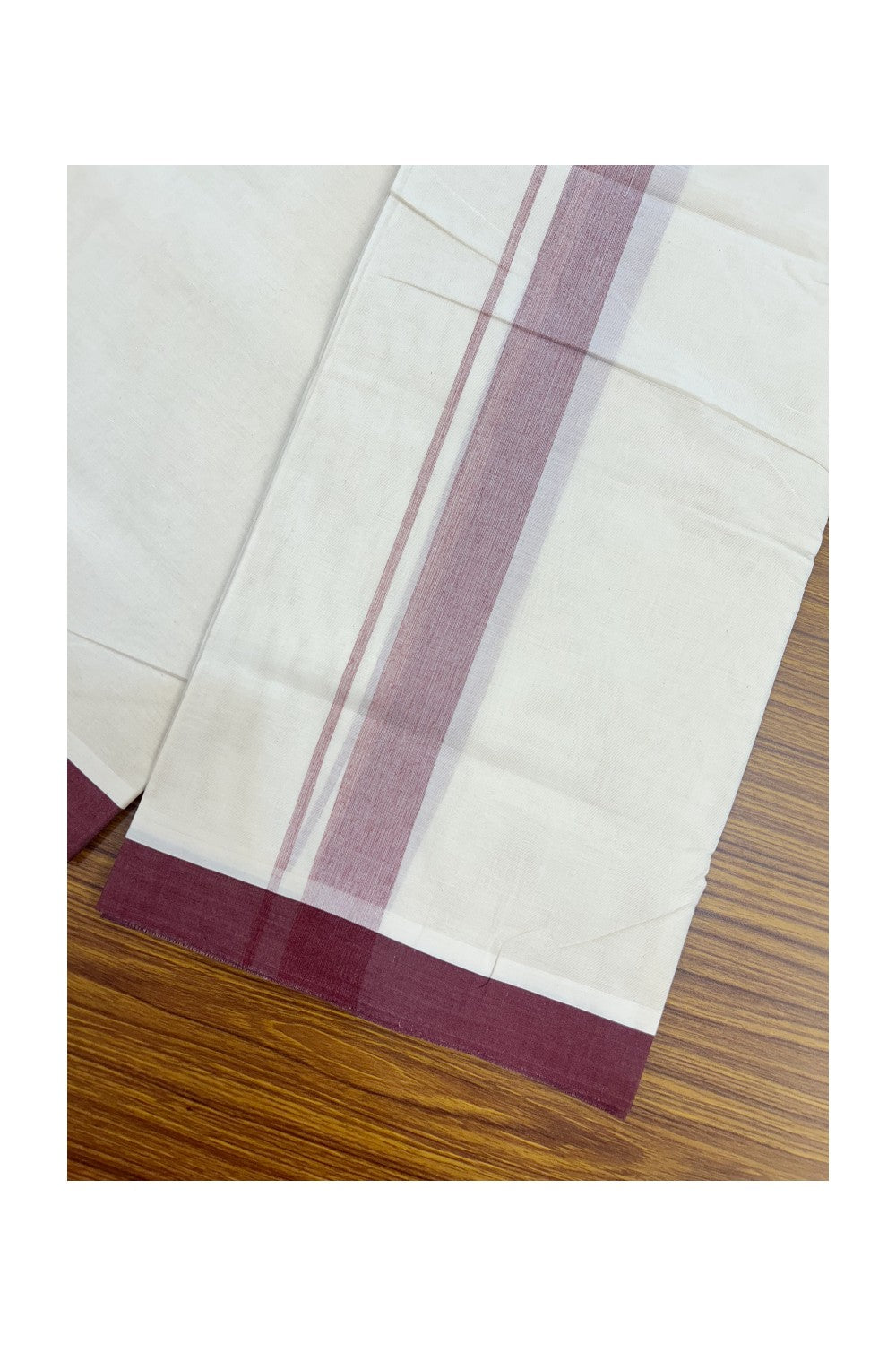 20% Discount ! Kaitharikada Balaramapuram 100% Cotton Double Off white (Unbleached) Mundu/Dhoti - 100x80 - 1.75 inch Dark Maroon shaded Kara - 2KK5186CKS
