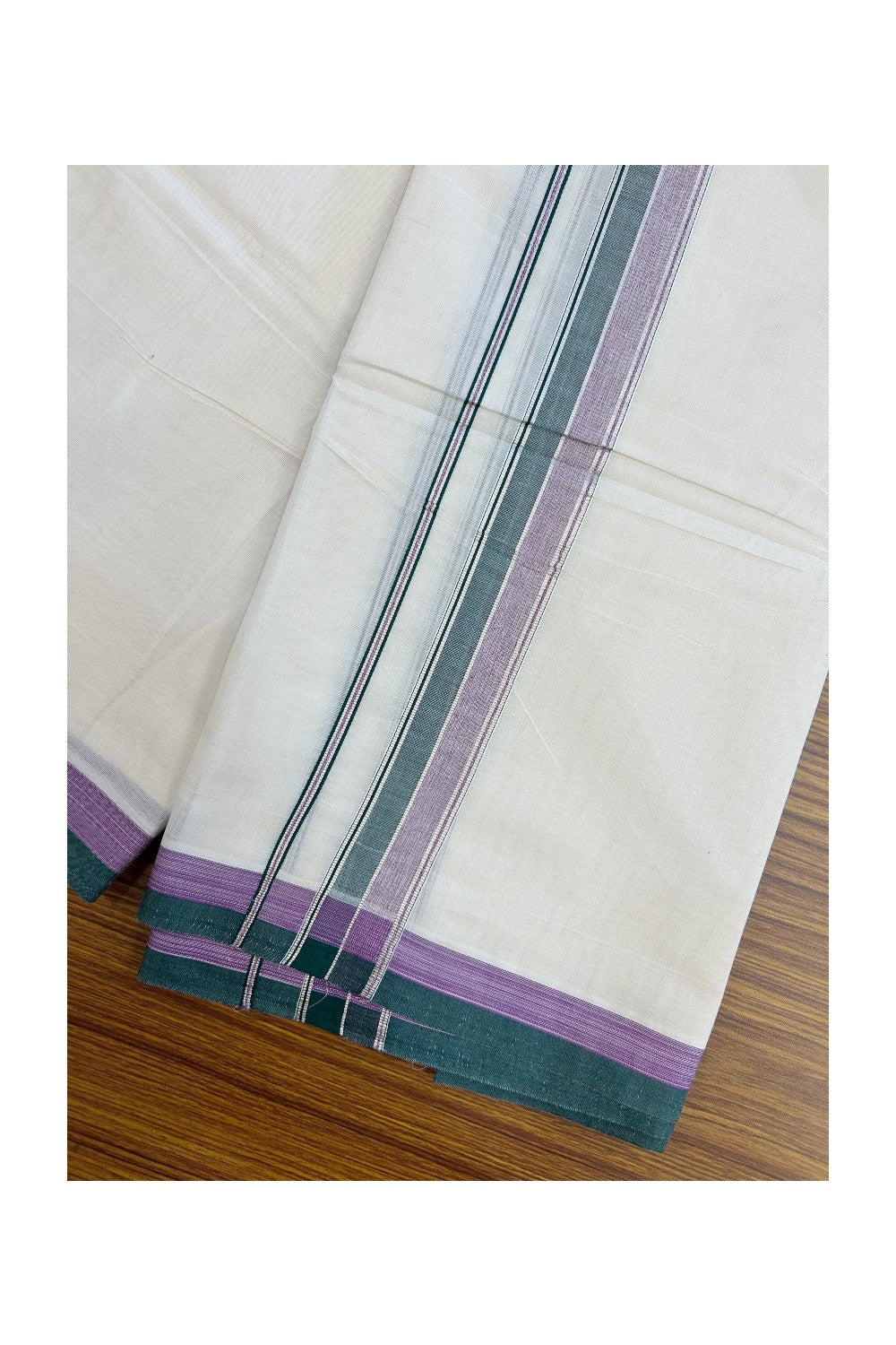 Panchakacham Dhoti - 20% DISCOUNT! KaithariKada Cotton OFF White - 100x80 thread- NORTH INDIAN ATTACHED GAMCHA - 9X5 Dhoti - 1.5 inch Silver Kasavu Dark green & Shaded Purple Stripes Kara - 2KK5189PMC