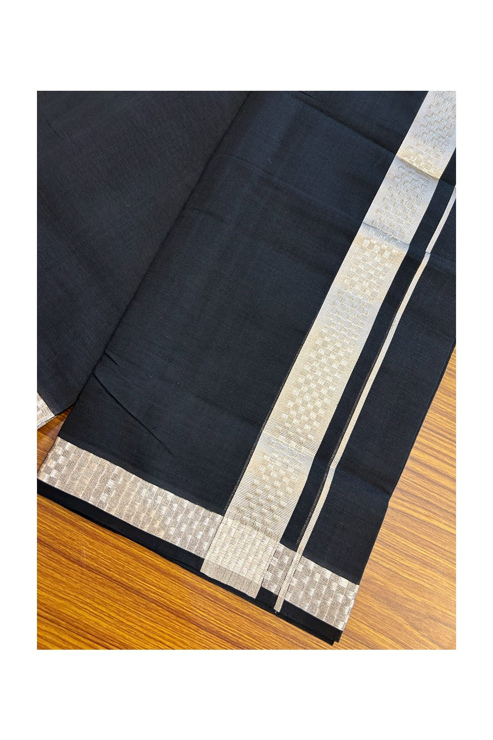 25% Discount! KaithariKada Handloom UNAKKUPAAV Balaramapuram - 100% Cotton Double Mundu/Dhoti - Black Colour Body - 1.75 inch Silver Kasavu jacquard Design Kara- 2KK5190ABH