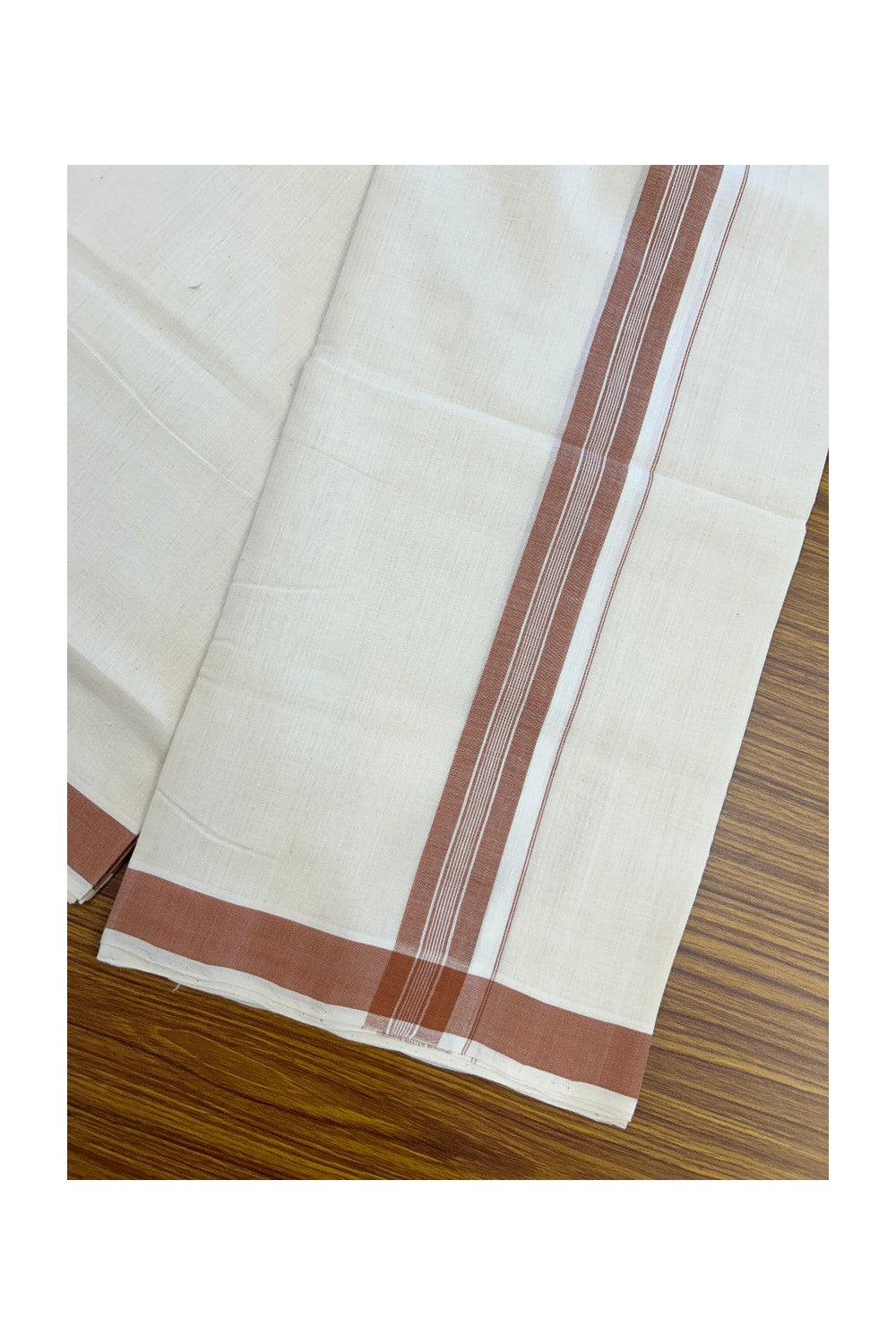 25% Discount KaithariKada HANDLOOM Unakkupaav Balaramapuram - 100% PURE Cotton off white (Unbleached) Double Mundu/Dhoti - 80X90 - 1.25 inch Cinnamon Brown Center Stripes Kara 3.80 mtr - 2KK5192ELA