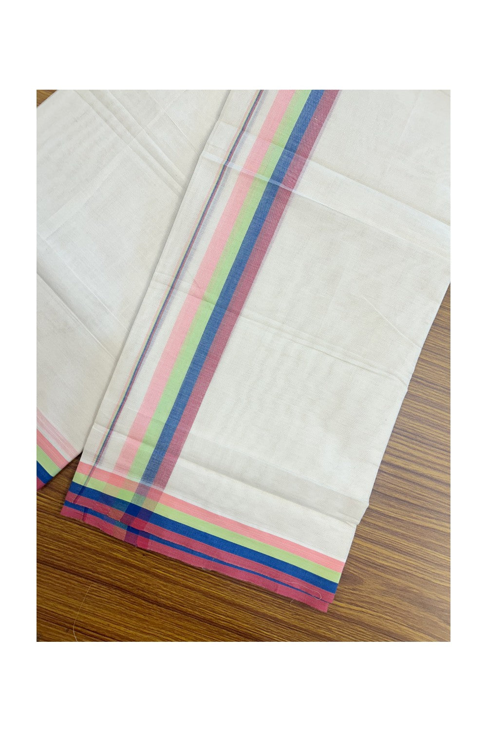 20% DISCOUNT ! KaithariKada Balaramapuram 100% Cotton off white (Unbleached) Double Mundu/Dhoti - 100X80 - 1.75 inch Multi Colour kara - 2KK5193PMC