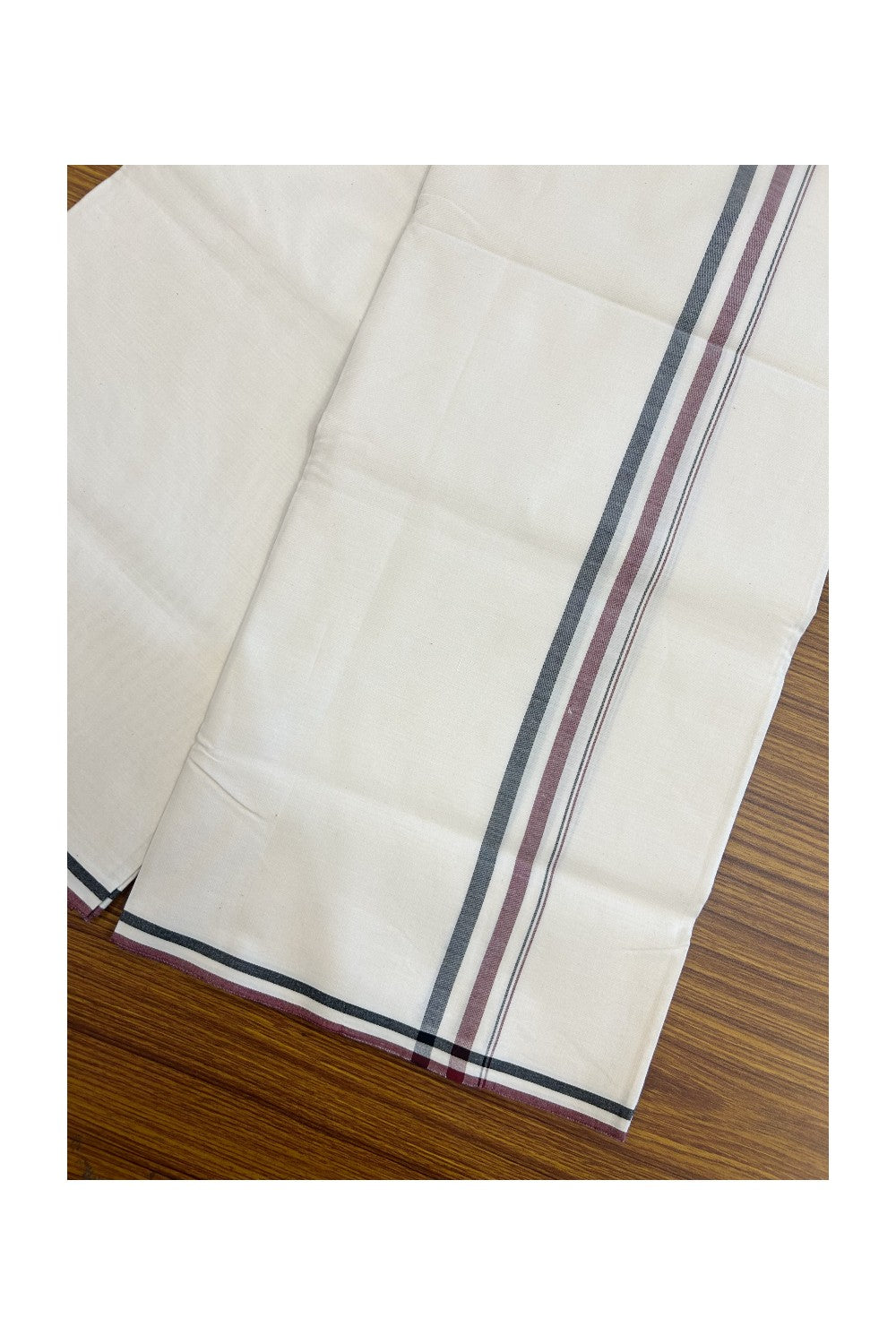 Admk Veshti - 28% Discount! KaithariKada 100% Cotton Off White Single - (Unbleached) Mundu/Dhoti - Twisted 100s Thread - 1 inch Black White & Maroon Shaded kara - 2KK5198ASH