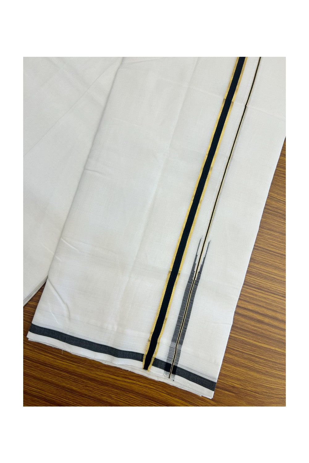 25% Discount!! NEW ULTRA PURE WHITE HANDLOOM Balaramapuram - 100% Mercerised Cotton Double Mundu/Dhoti - 120 twisted warp x 80s weft - 0.5 inch Puliyilakkara Gold Kasavu & Black Chutty Kara- 2KK5200REA