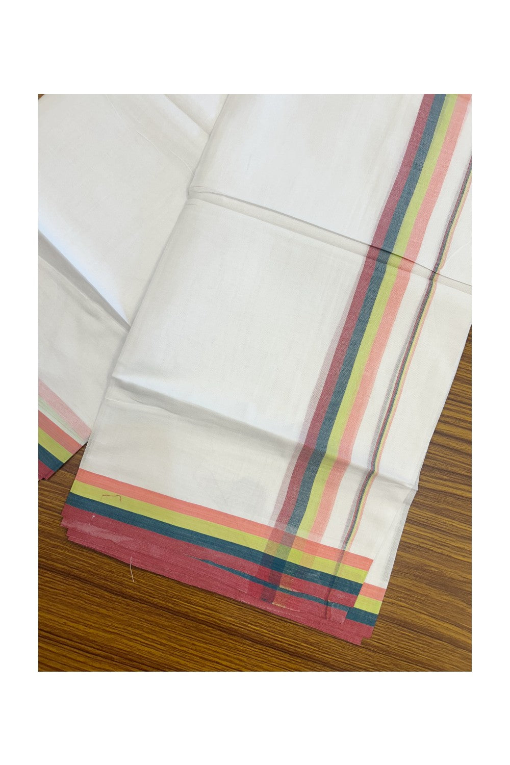 21% DISCOUNT ! KaithariKada Balaramapuram 100% Cotton Pure white Double Mundu/Dhoti - 100X90 - 1.25 inch Multi Colour kara - 2KK5202PMC