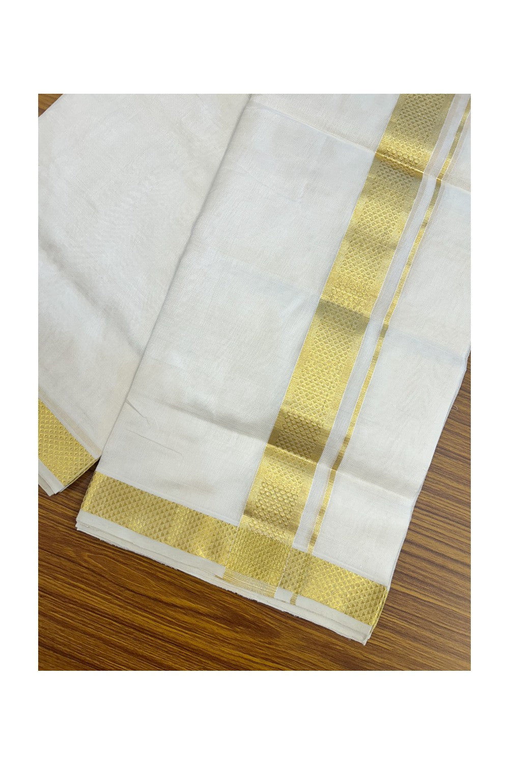 HANDLOOM Pure SILK Dhoti NEW! 25% DISCOUNT from Kaitharikada.com - BALARAMAPURAM Handloom Unakkupaav - Pure White - Double Mundu/Dhoti - 100x100 - Pure cotton + Silk - 1.75 inch Gold Kasavu Designer Kara - 2KK5206 ABH