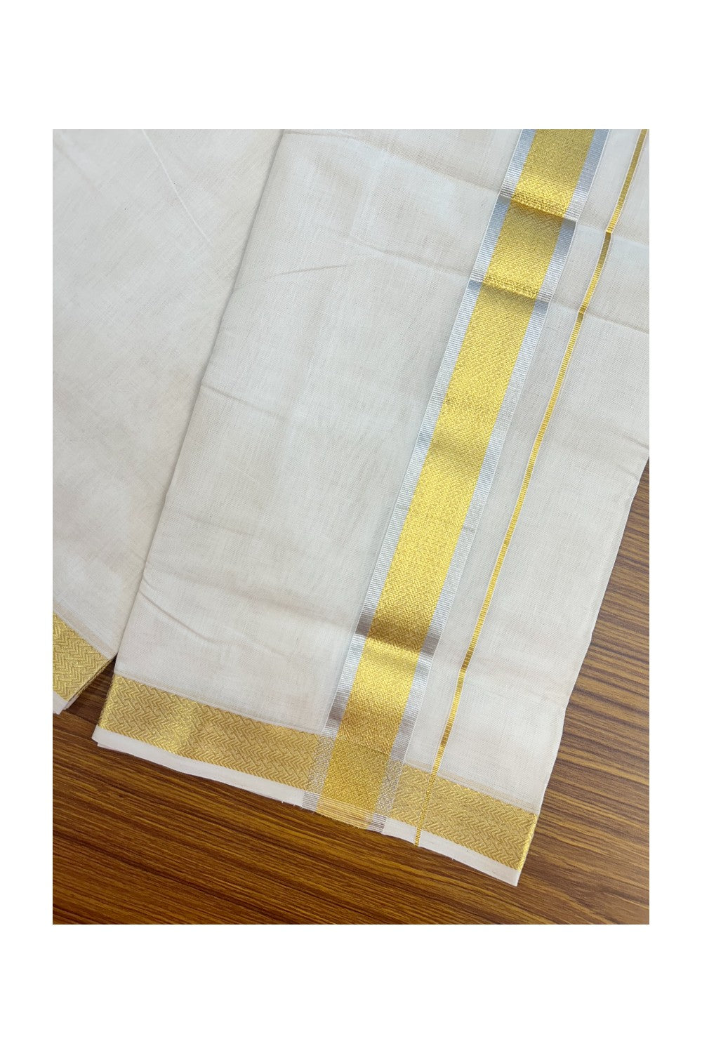 25% DISCOUNT ! KaithariKada HANDLOOM UNAKKUPAAV Balaramapuram - 100% PURE Cotton Off White - (Unbleached) Double Mundu/Dhoti - 2 inch Gold Kasavu & Silver Kasavu Jacquard Design Kara - 2KK5208ABH